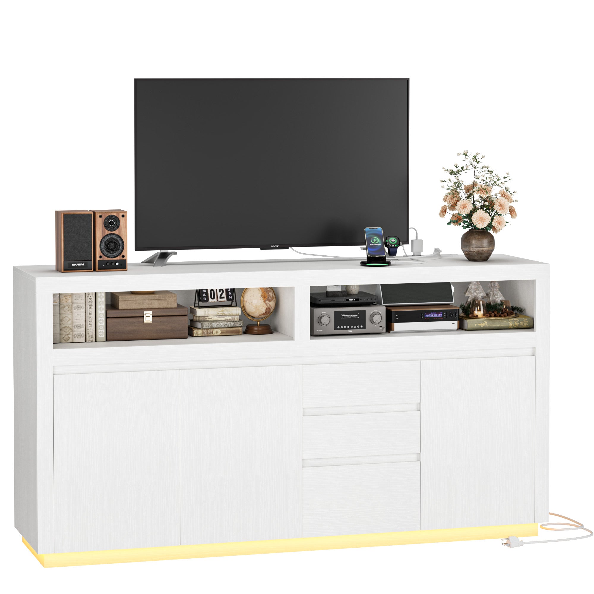 Hiphuta Farmhouse TV Stand with RGB LED, Modern Entertainment Center with Doors and Drawers, White