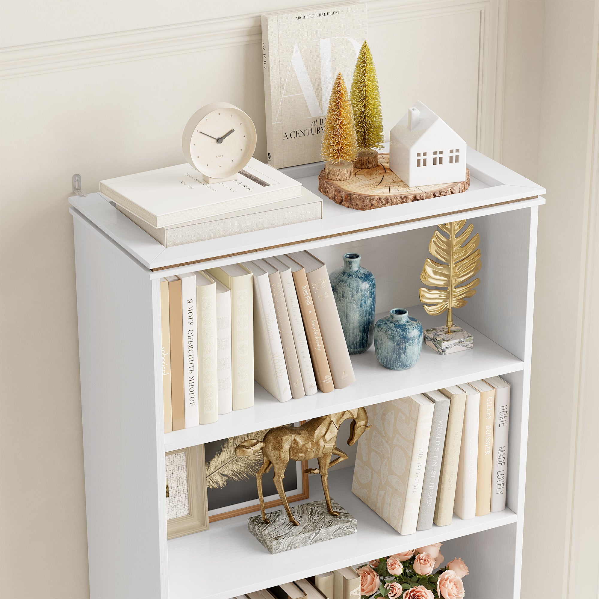 Hiphuta 73"Tall bookshelves with Storage, 4 Shelves Display Bookcase, Narrow Bookshelf with 2 Doors for Home Office, White
