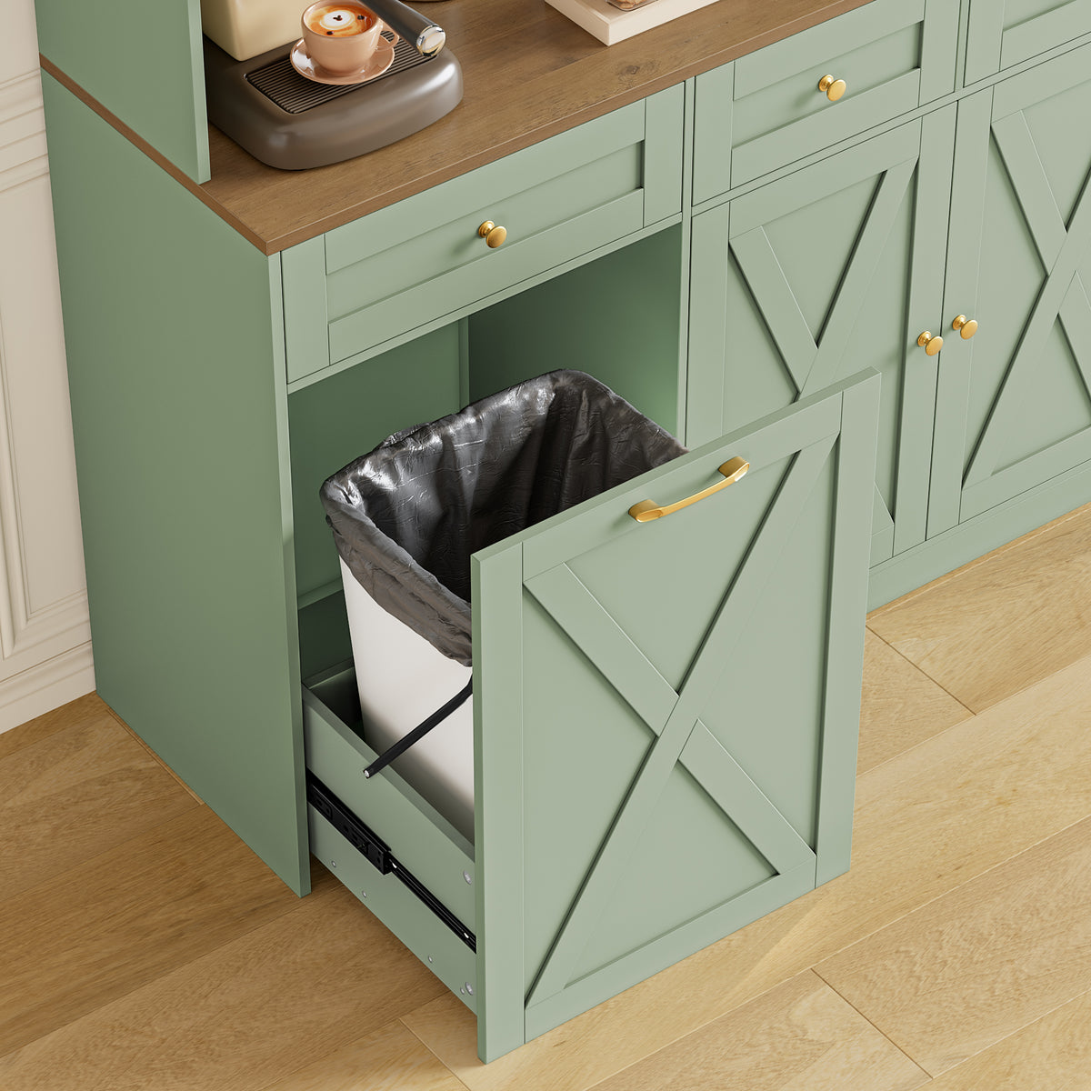 Hiphuta 73” Tall Kitchen Pantry Cabinet Fits 13 Gallon Trash Can Cabinet, Farmhouse Kitchen Storage Hutch with Pull Out Trash Can Storage for Dining Room Living Room, Green