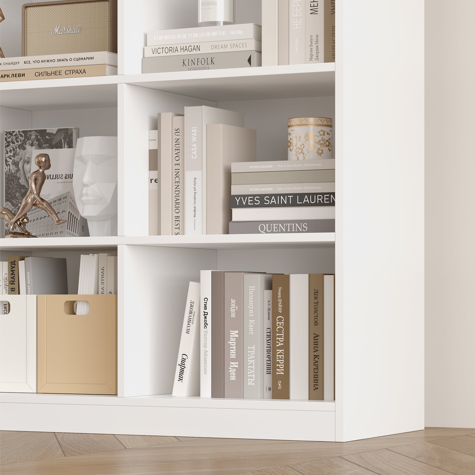 Hiphuta 86"H x 47"W Wood Triple 7-Tier Standard Bookcase, Tall Bookcase for Bedroom, Living Room and Office, Freestanding 21 Cubes Display Storage Shelves, White