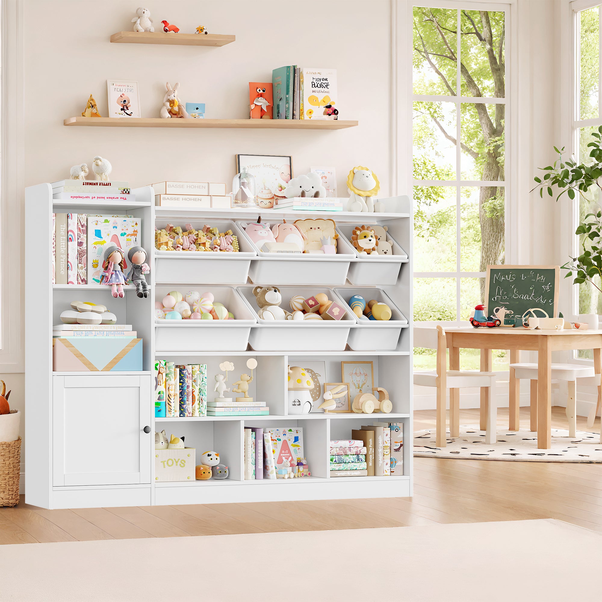 Hiphuta Kids Toy Organizer, Wood Toy Cabinet of 8 Compartments & 6 Movable Bins, White Bookshelf for Kids Bedroom