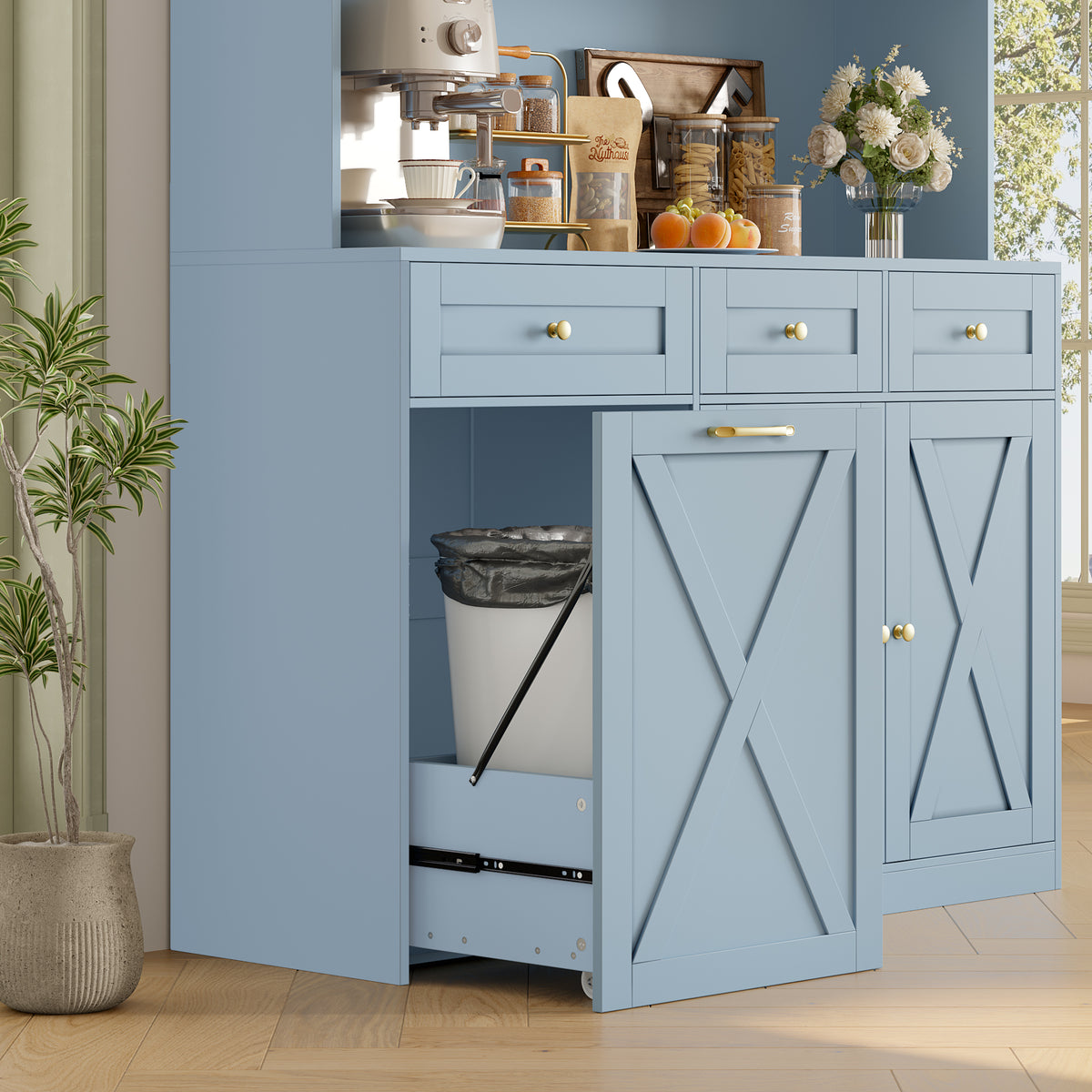 Hiphuta 73” Tall Kitchen Pantry Cabinet Fits 13 Gallon Trash Can Cabinet, Farmhouse Kitchen Storage Hutch with Pull Out Trash Can Storage for Dining Room Living Room, Light Blue