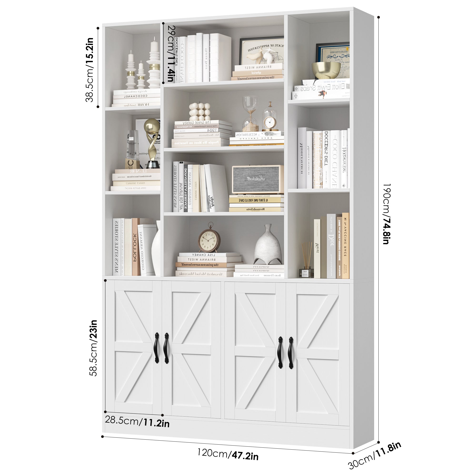 Hiphuta 74.8" Tall Bookcases with 2 Double Door Cabinet, Wooden Storage Bookshelf for Living Room Home Office, White