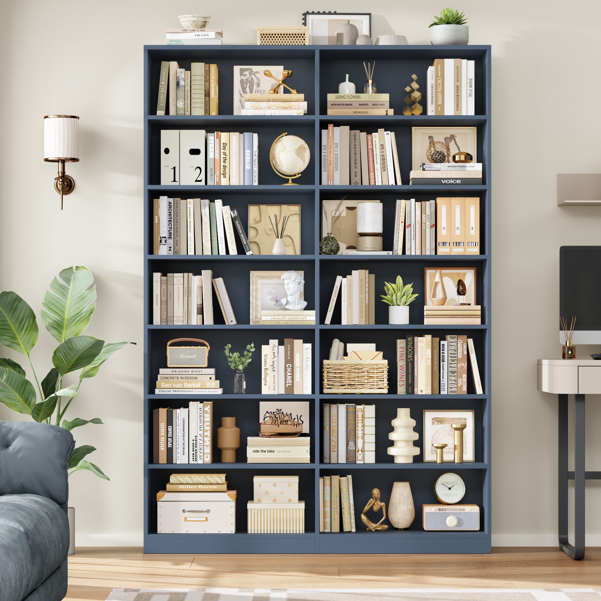 Hiphuta 84"H Wooden Double 7-Tier Tall Bookcase, Standard Bookcase for Living Room and Office, Freestanding Display Storage Shelves, Blue