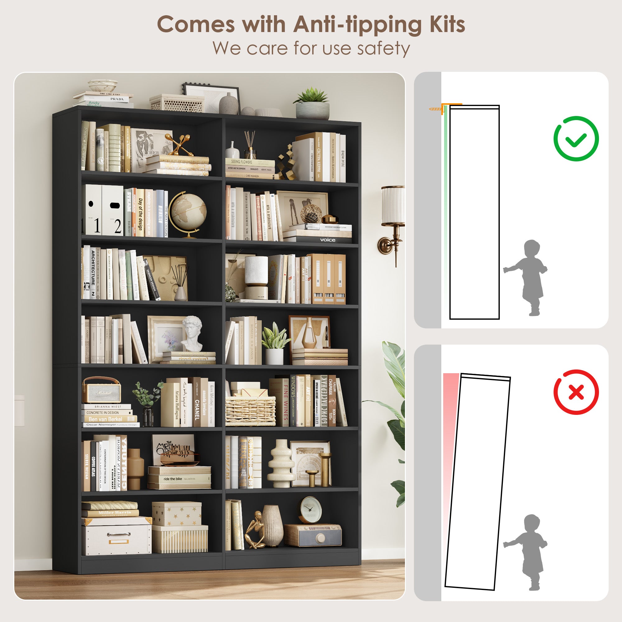 Hiphuta 84"H Wooden Double 7-Tier Tall Bookcase, Standard Bookcase for Living Room and Office, Freestanding Display Storage Shelves, Black
