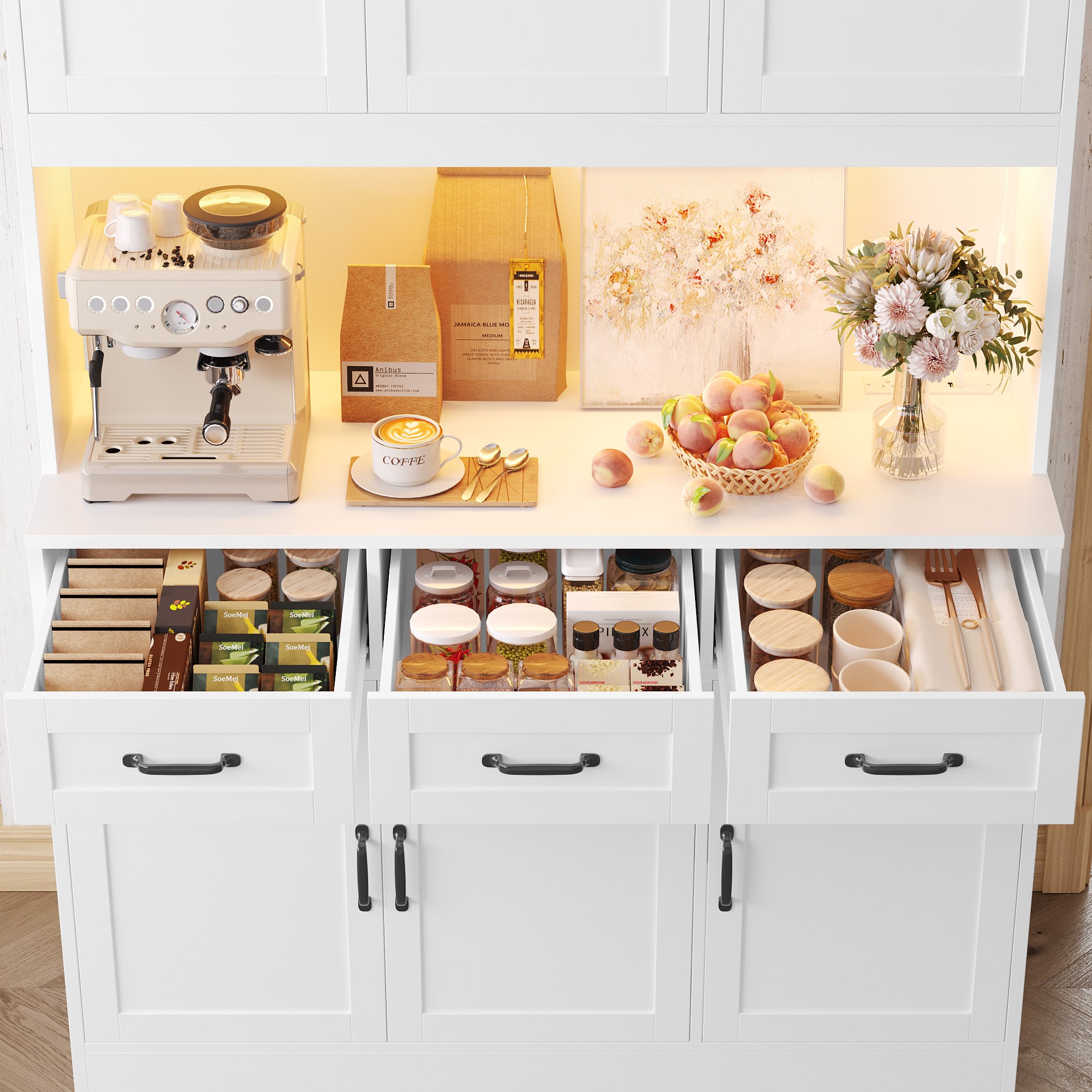 Hiphuta 72" Tall Kitchen Pantry Storgae Cabinet with RGB LED, Hutch Cabinet with Charging Station for Dining Room, White