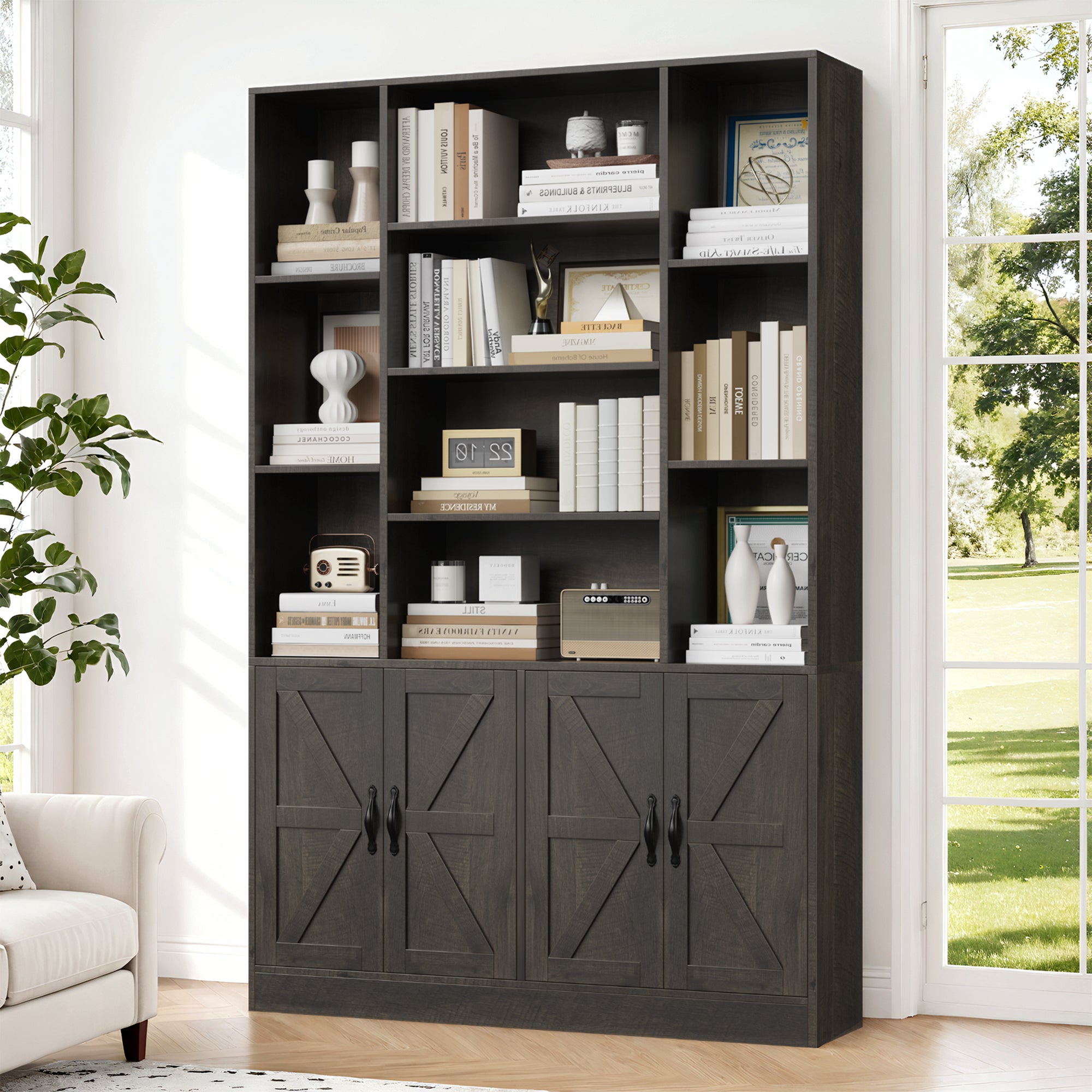 Hiphuta 74.8" Tall Bookcases with 2 Double Door Cabinet, Wooden Storage Bookshelf for Living Room Home Office, Dark Brown