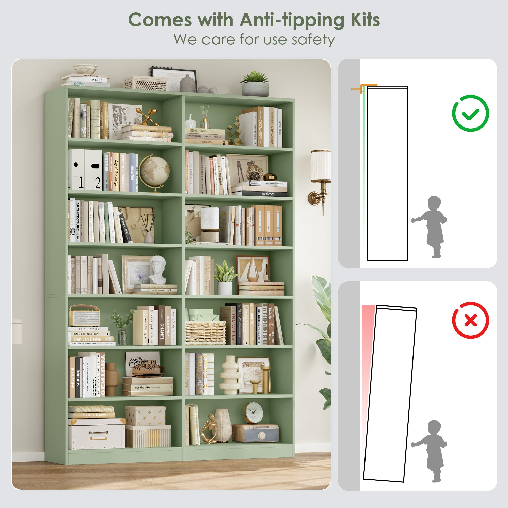 Hiphuta 84"H Wooden Double 7-Tier Tall Bookcase, Standard Bookcase for Living Room and Office, Freestanding Display Storage Shelves, Green
