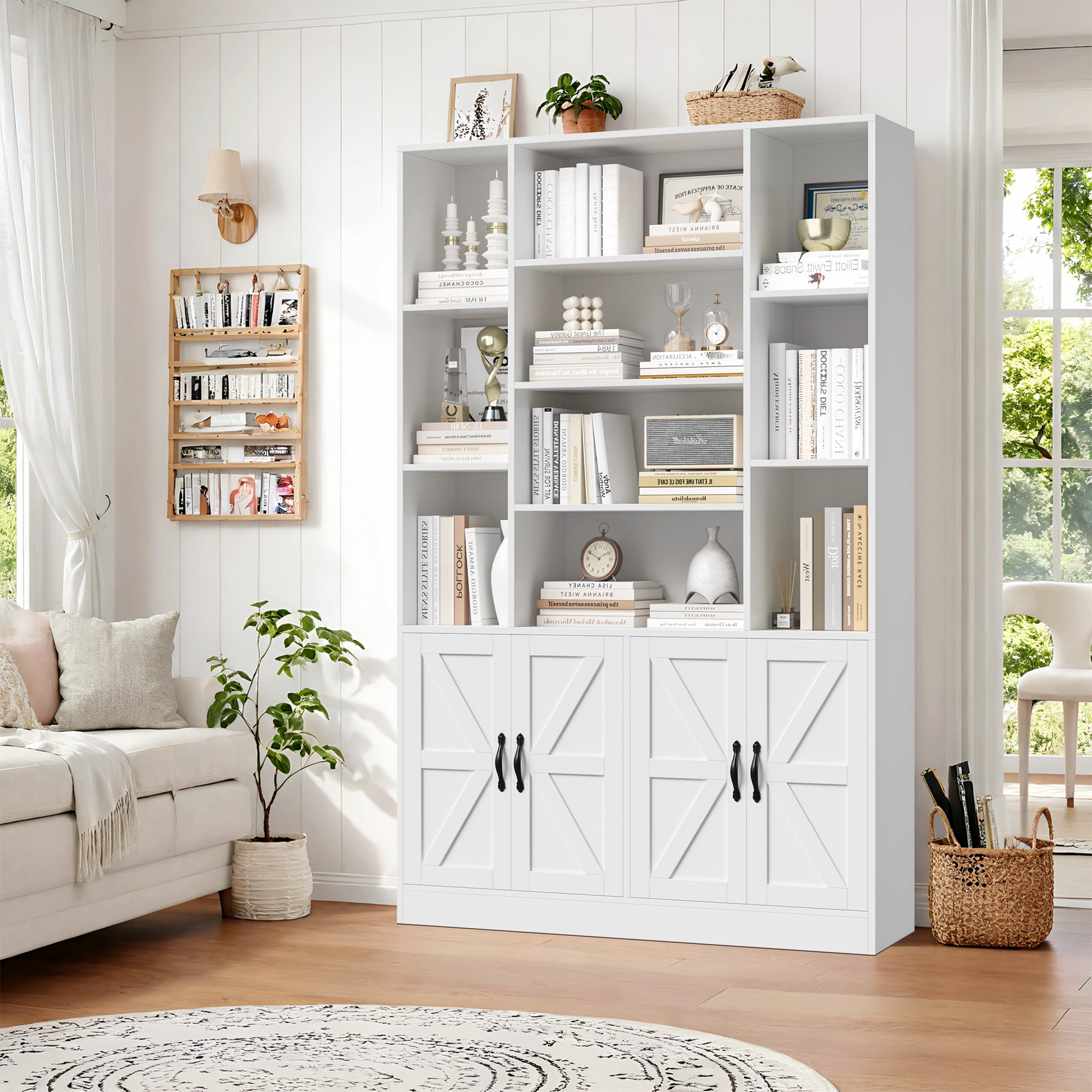 Hiphuta 74.8" Tall Bookcases with 2 Double Door Cabinet, Wooden Storage Bookshelf for Living Room Home Office, White
