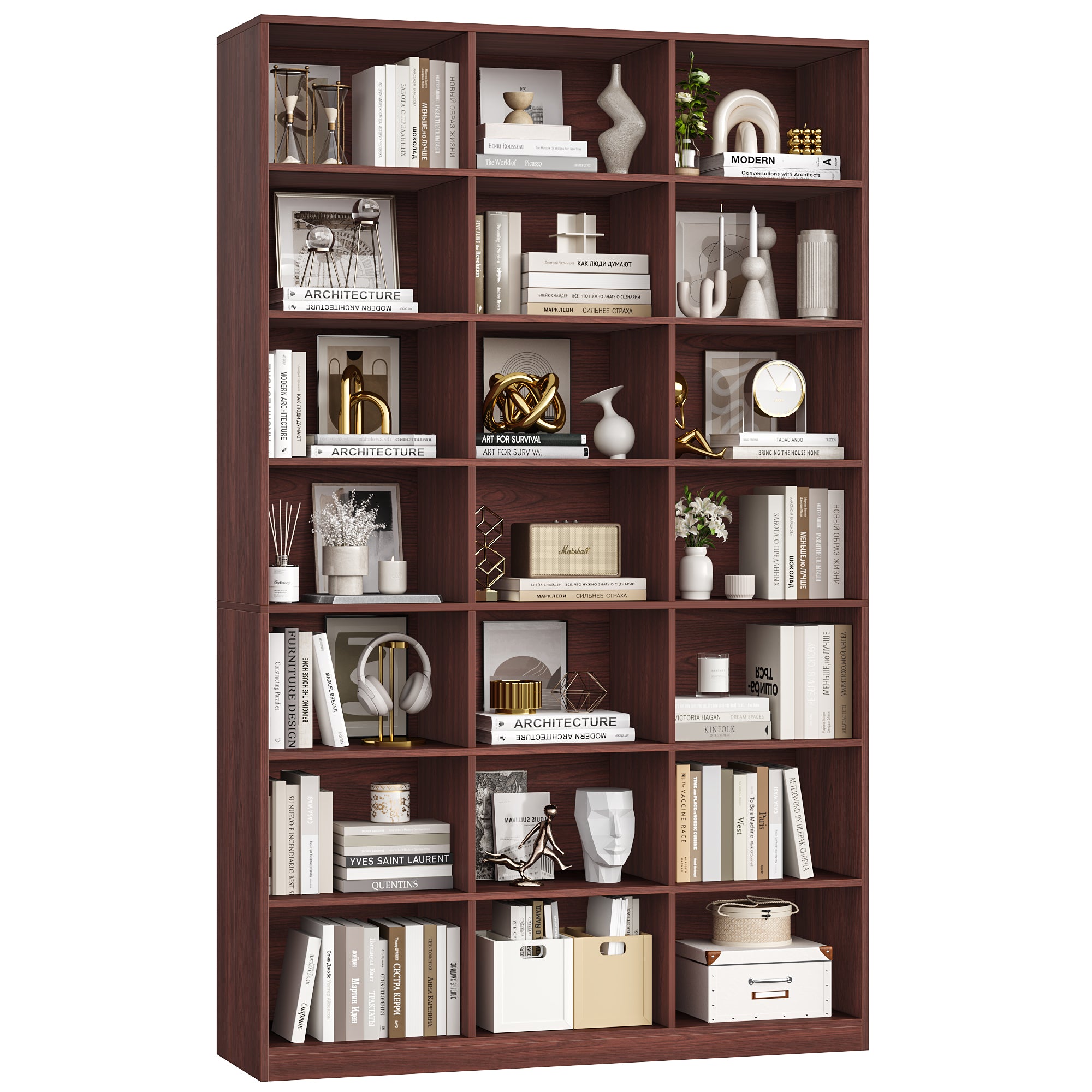 Hiphuta 21-Cube Bookcase, 86"H Tall Wooden Bookshelves for Bedroom, Living Room and Office, Freestanding Display Shelves Cube Organizer, Cherry