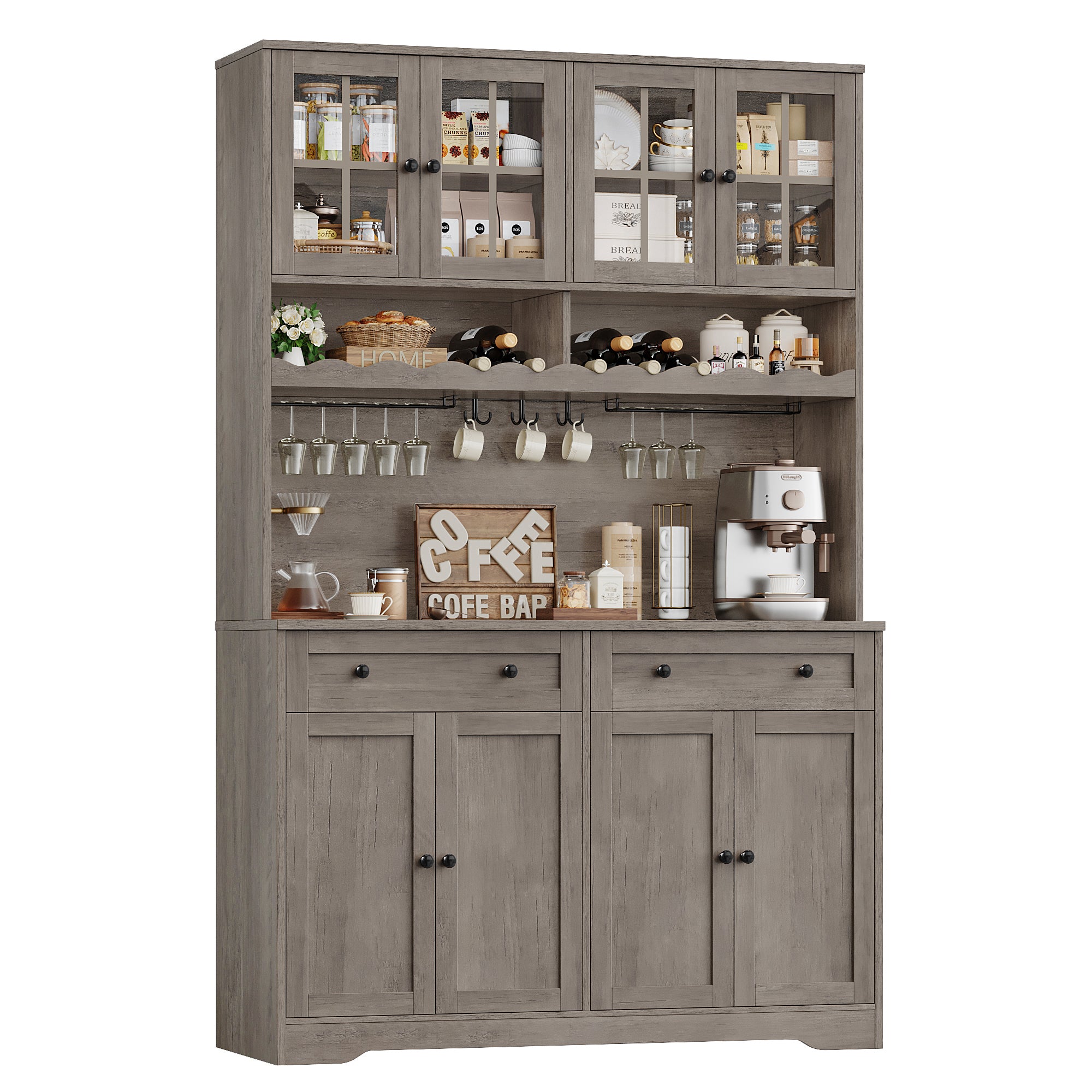 Hiphuta 75"Tall Kitchen Pantry Storage Cabinet with Power Outlet, Storage Pantry with Drawers & Glass Doors, Freestanding Cupboard Storage Hutch with Microwave Stand, Ash Gray
