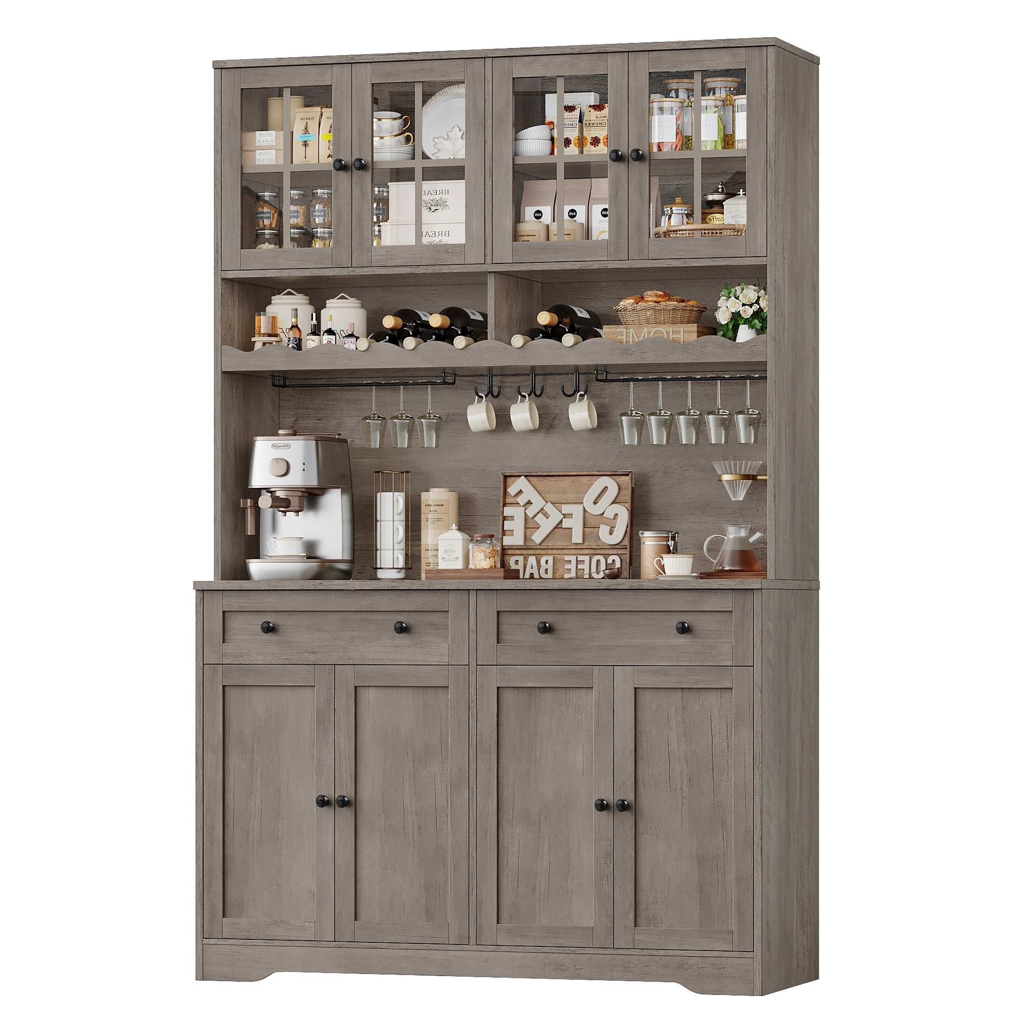 Hiphuta 75"Tall Kitchen Pantry Storage Cabinet with Power Outlet, Storage Pantry with Drawers & Glass Doors, Freestanding Cupboard Storage Hutch with Microwave Stand, Ash Gray