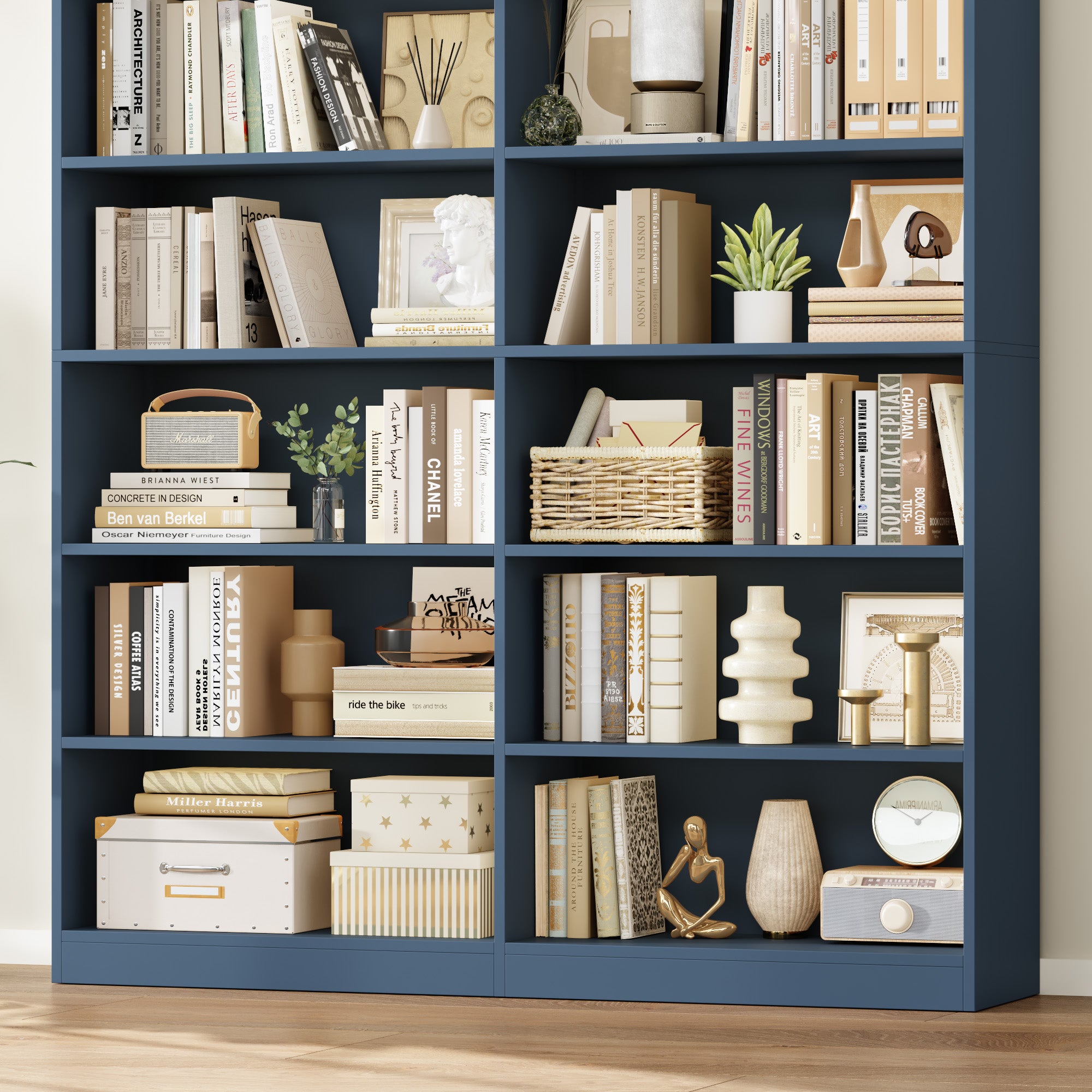Hiphuta 84"H Wooden Double 7-Tier Tall Bookcase, Standard Bookcase for Living Room and Office, Freestanding Display Storage Shelves, Blue