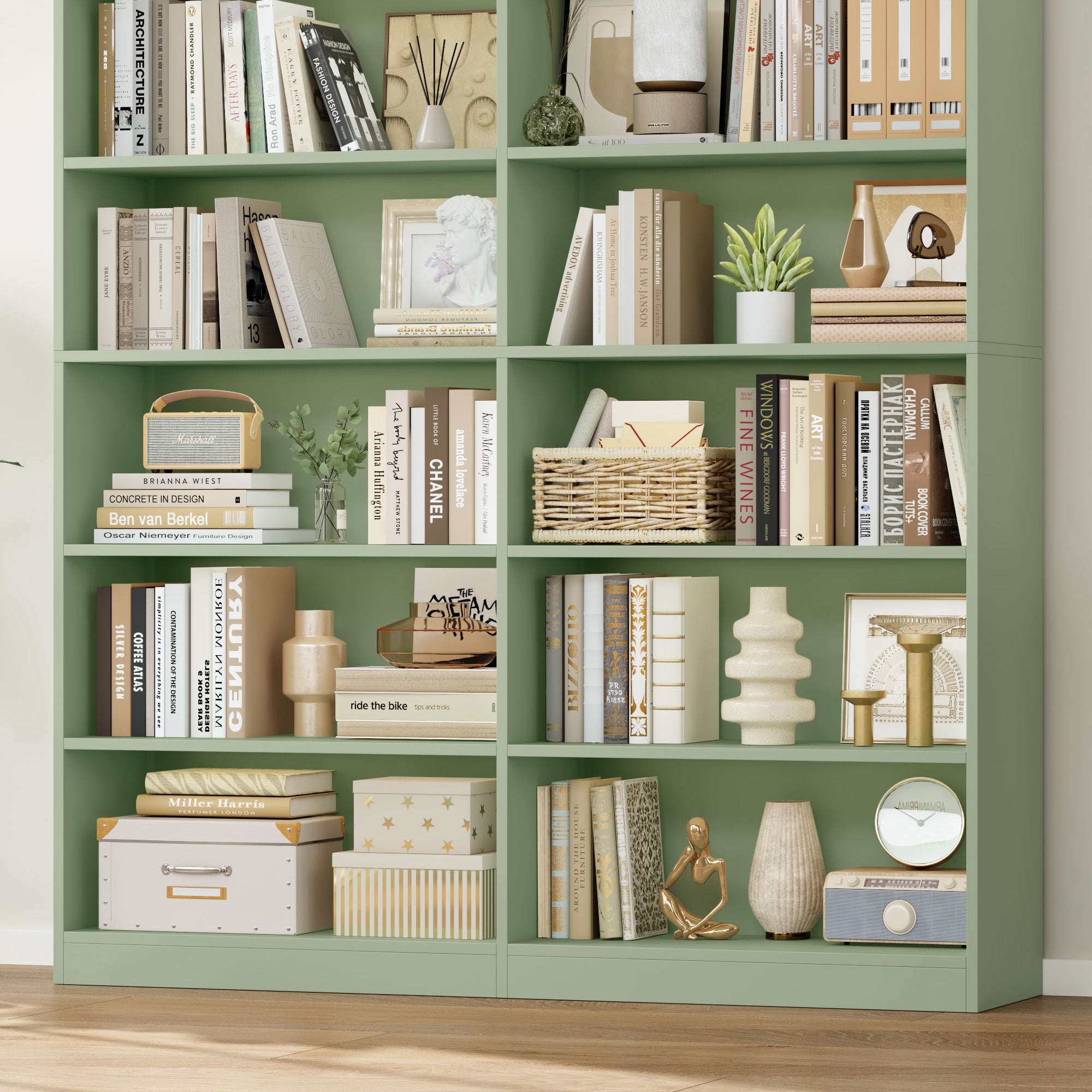 Hiphuta 84"H Wooden Double 7-Tier Tall Bookcase, Standard Bookcase for Living Room and Office, Freestanding Display Storage Shelves, Green