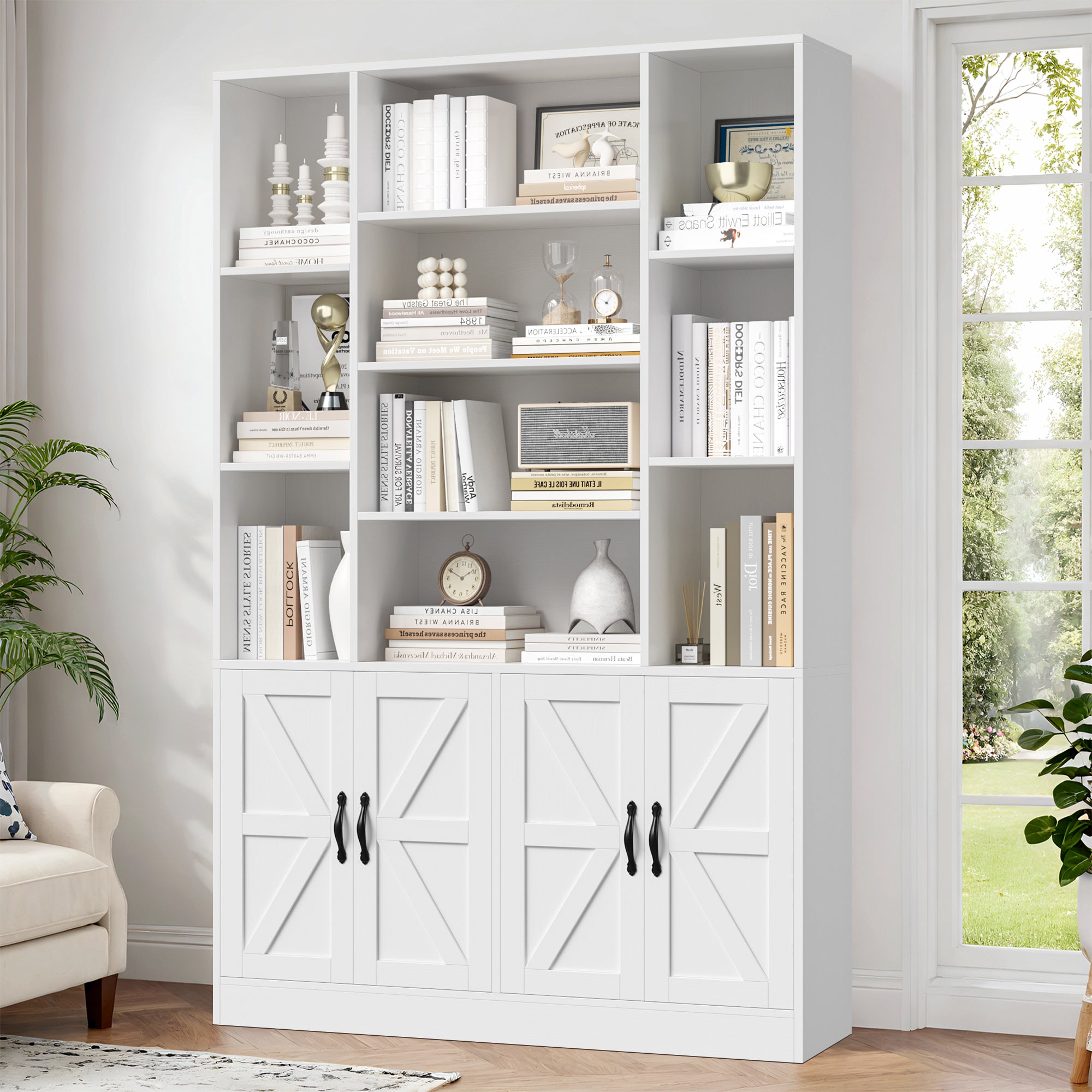 Hiphuta 74.8" Tall Bookcases with 2 Double Door Cabinet, Wooden Storage Bookshelf for Living Room Home Office, White