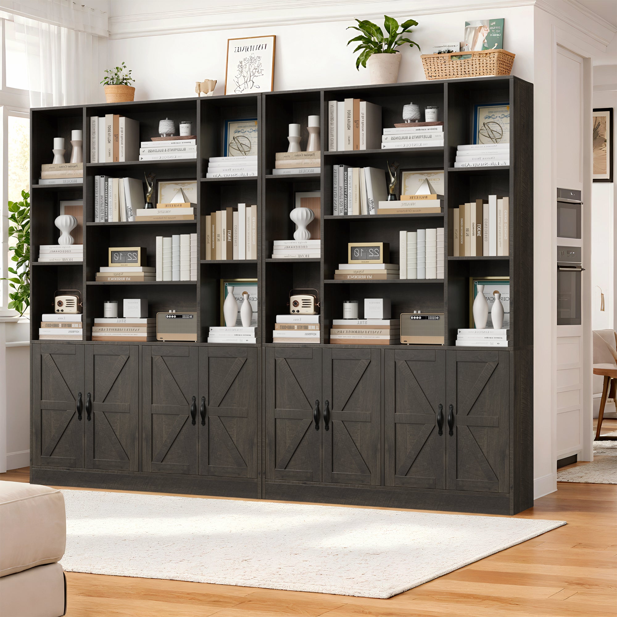 Hiphuta 74.8" Tall Bookcases with 2 Double Door Cabinet, Wooden Storage Bookshelf for Living Room Home Office, Dark Brown