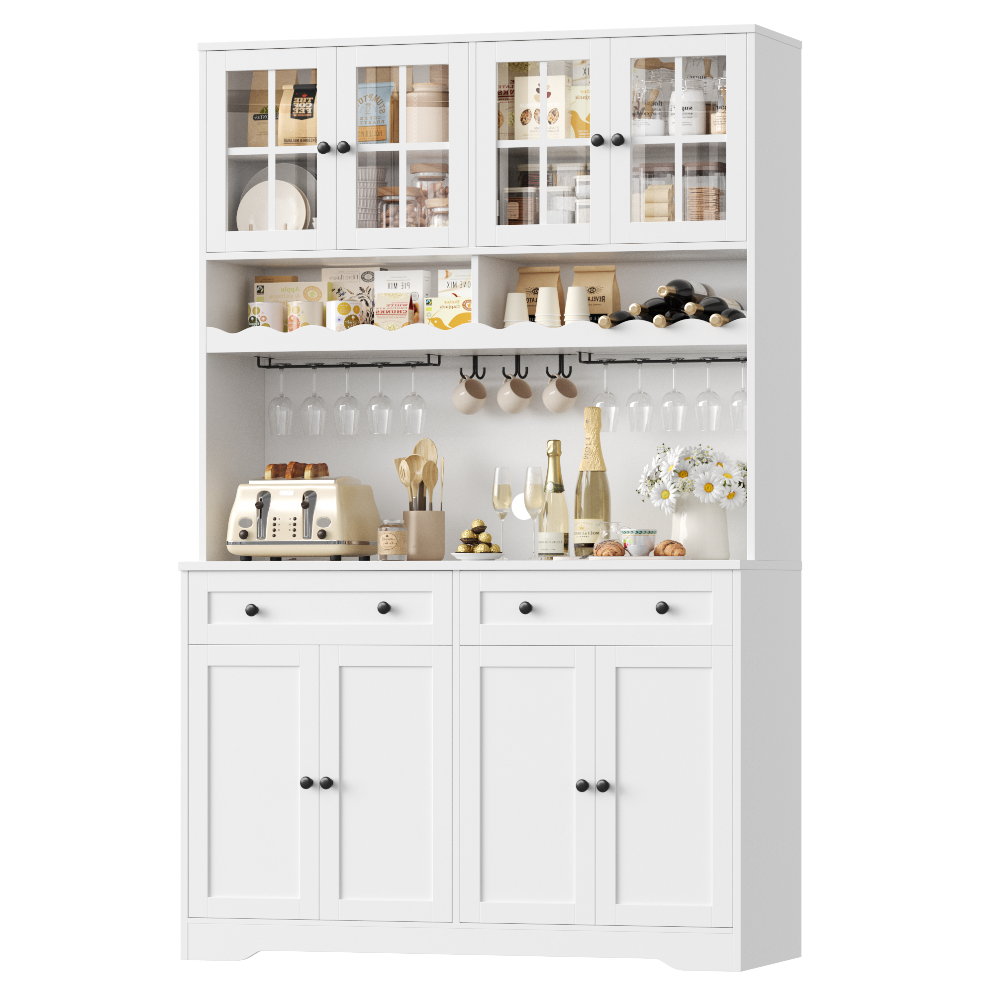Hiphuta 75"Tall Kitchen Pantry Storage Cabinet with Power Outlet, Storage Pantry with Drawers & Glass Doors, Freestanding Cupboard Storage Hutch with Microwave Stand, White