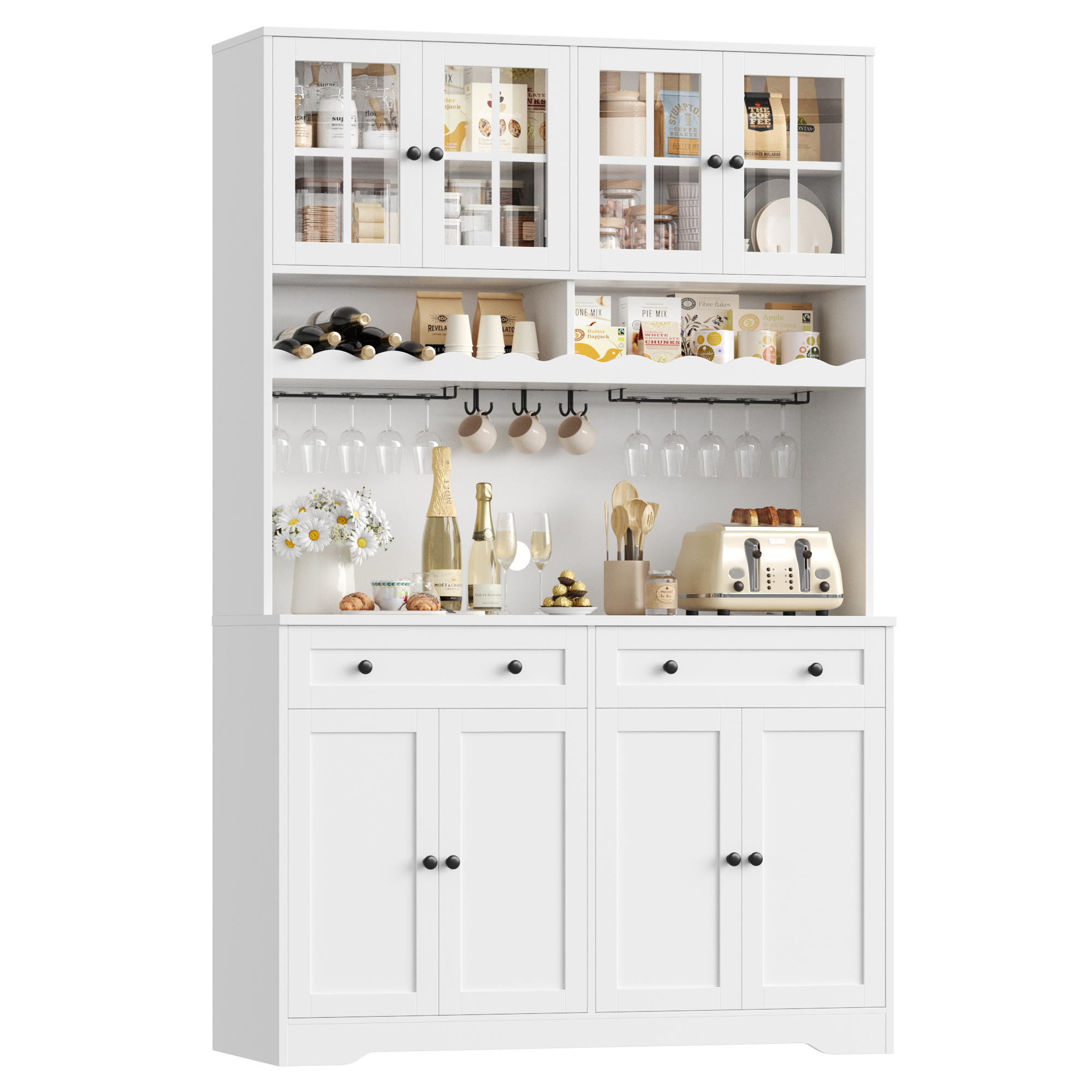Hiphuta 75"Tall Kitchen Pantry Storage Cabinet with Power Outlet, Storage Pantry with Drawers & Glass Doors, Freestanding Cupboard Storage Hutch with Microwave Stand, White
