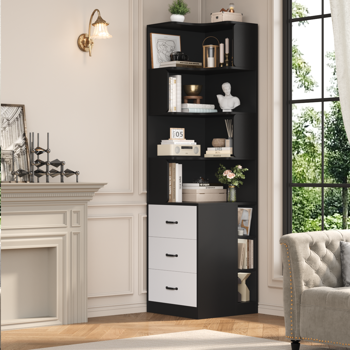 Hiphuta 77"Tall L-Shaped Corner Bookshelf with Drawers and Side Storage, Modern Wood Bookcase with 4-Tier Display Shelves Storage Cabinet for Living Room Home Office , Black