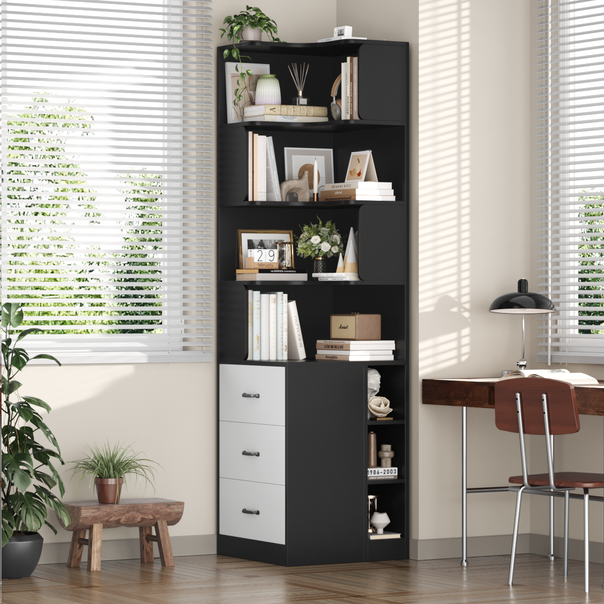 Hiphuta 77"Tall L-Shaped Corner Bookshelf with Drawers and Side Storage, Modern Wood Bookcase with 4-Tier Display Shelves Storage Cabinet for Living Room Home Office , Black