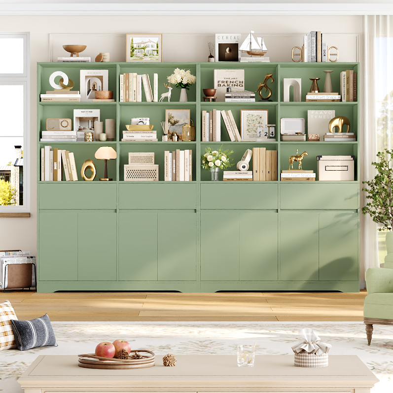 Hiphuta 69"H Modern Bookcases with Doors & Drawers, Large Wooden Display Shelf for Home Office, Wooden Storage Bookshelf for Living Room, Green