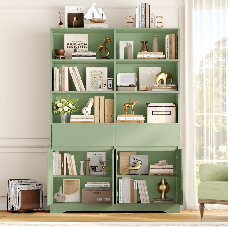 Hiphuta 69"H Modern Bookcases with Doors & Drawers, Large Wooden Display Shelf for Home Office, Wooden Storage Bookshelf for Living Room, Green