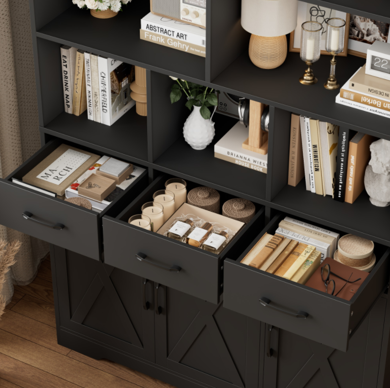 Hiphuta 71" Tall Bookcase with 3 Drawers and Doors, 43" Wide Farmhouse Bookcase with 8 Open Compartments for Office Living Room, Black