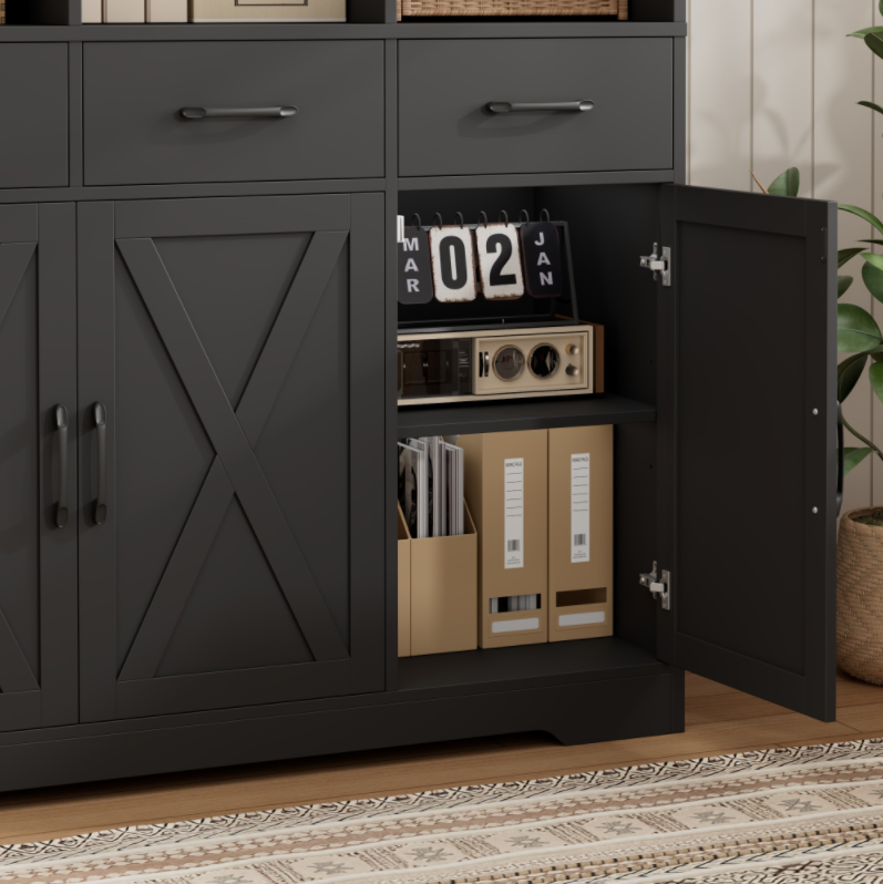 Hiphuta 71" Tall Bookcase with 3 Drawers and Doors, 43" Wide Farmhouse Bookcase with 8 Open Compartments for Office Living Room, Black