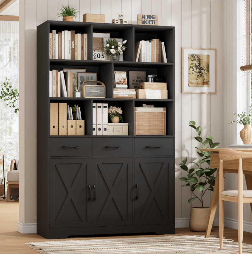 Hiphuta 71" Tall Bookcase with 3 Drawers and Doors, 43" Wide Farmhouse Bookcase with 8 Open Compartments for Office Living Room, Black