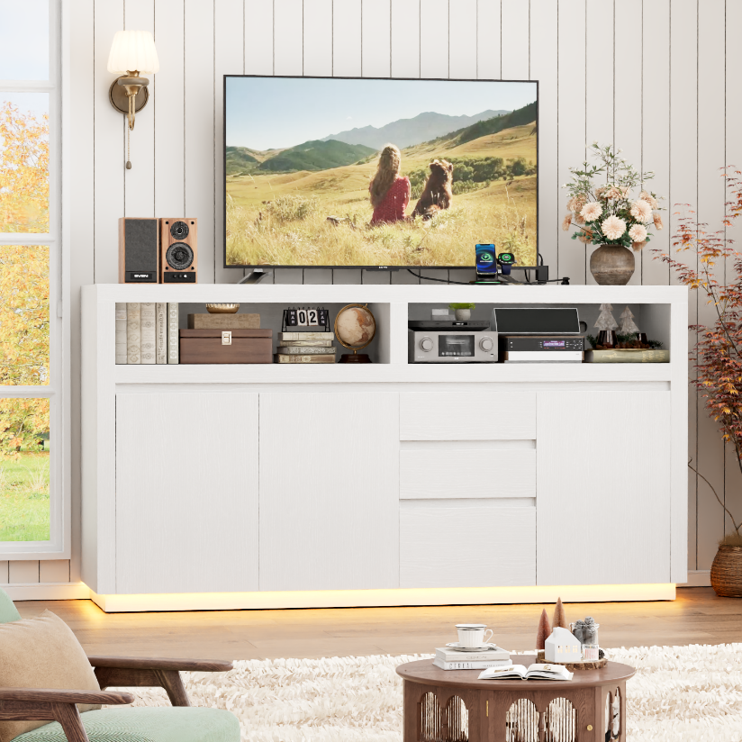 Hiphuta Farmhouse TV Stand with RGB LED, Modern Entertainment Center with Doors and Drawers, White