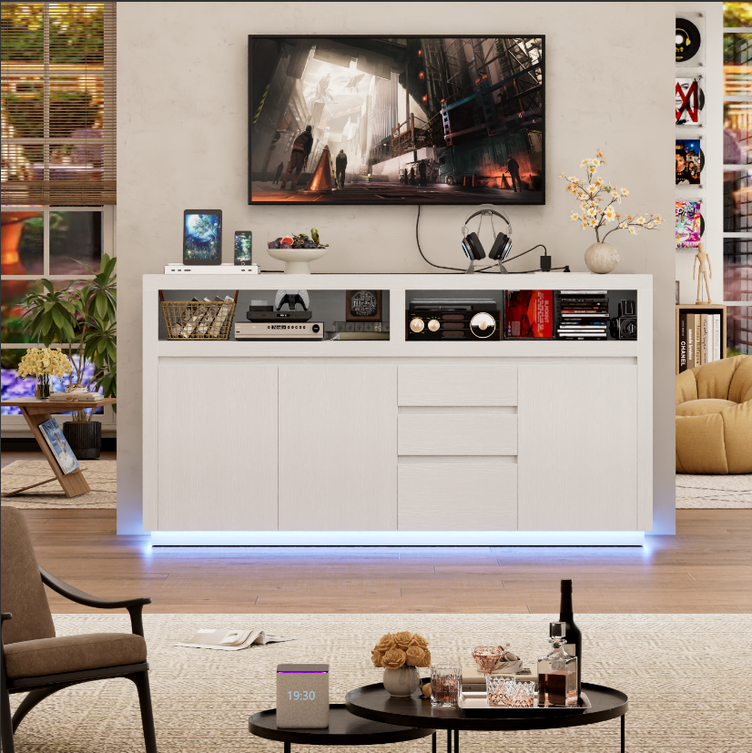 Hiphuta Farmhouse TV Stand with RGB LED, Modern Entertainment Center with Doors and Drawers, White