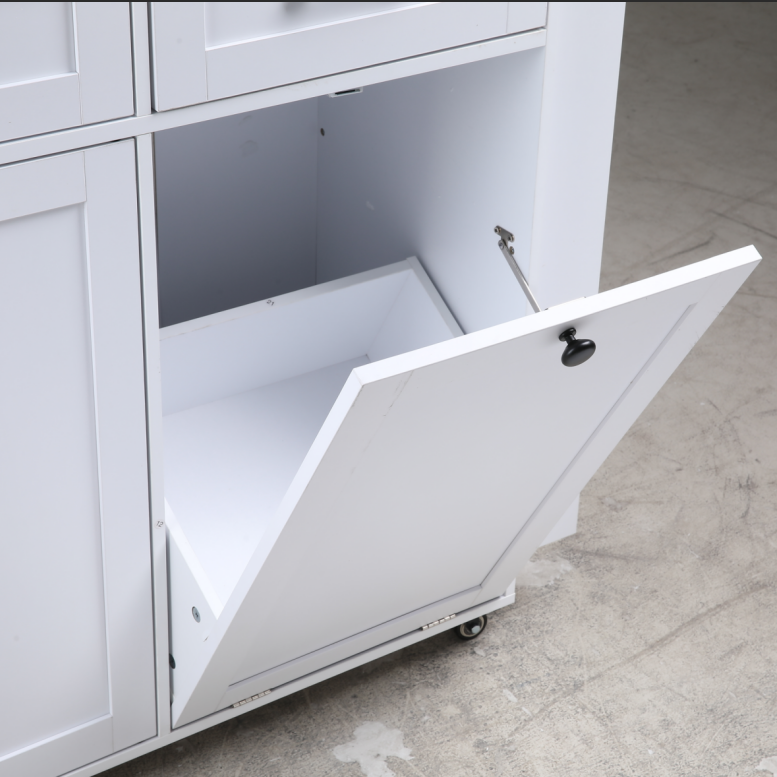 Hiphuta Kitchen Island with Trash Can and Drop Leaf, Movable Buffet Cabinet with Charging Station & Knife Rack, White