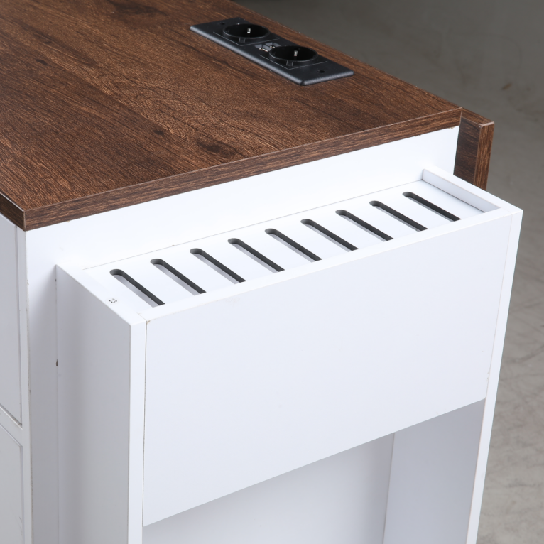 Hiphuta Kitchen Island with Trash Can and Drop Leaf, Movable Buffet Cabinet with Charging Station & Knife Rack, White