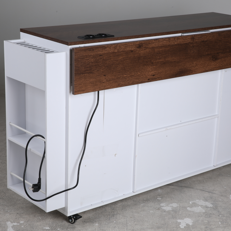 Hiphuta Kitchen Island with Trash Can and Drop Leaf, Movable Buffet Cabinet with Charging Station & Knife Rack, White
