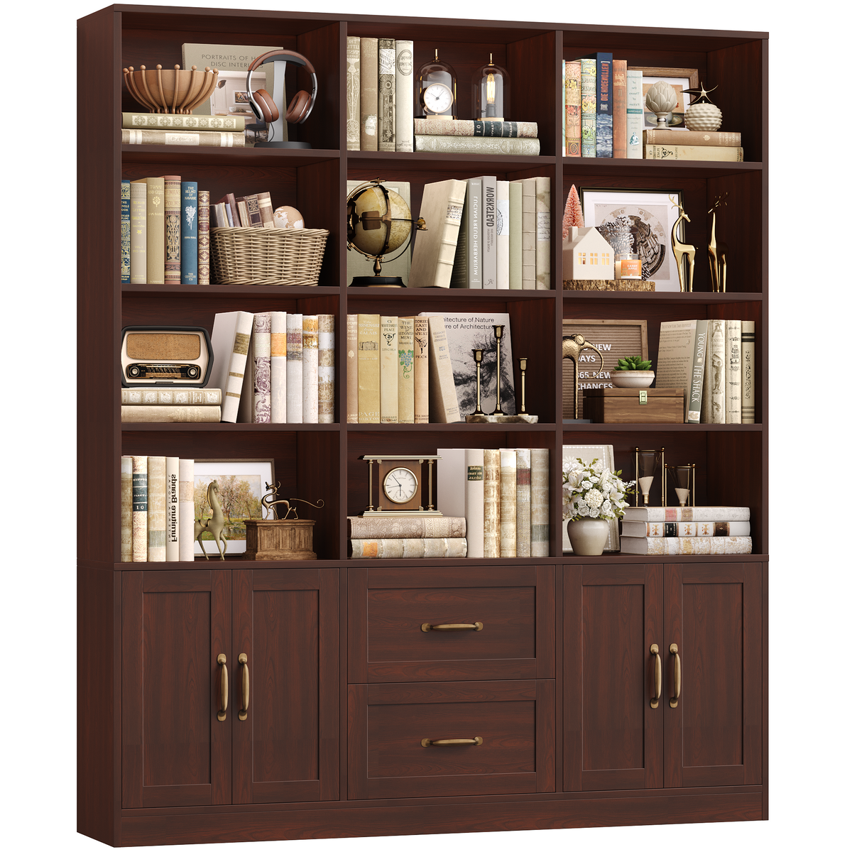 Hiphuta 71" Tall Triple Row 4-Tier Bookcase with 12 Open Cubes, 59" Wide Extra Large Display Bookshelf with 4 Doors and 2 Drawers, for Office Living Room, Cherry Red