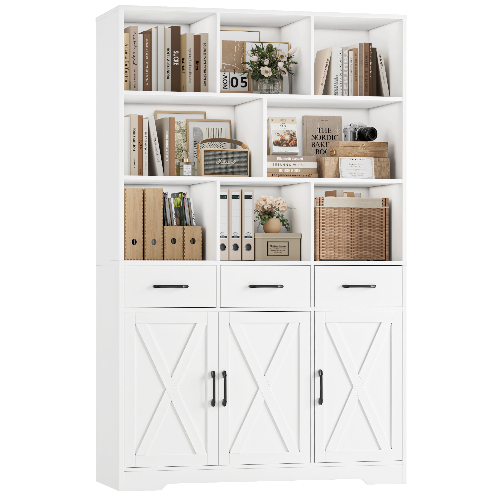 Hiphuta 71" Tall Bookcase with 3 Drawers and Doors, 43" Wide Farmhouse Bookcase with 8 Open Compartments for Office Living Room, White