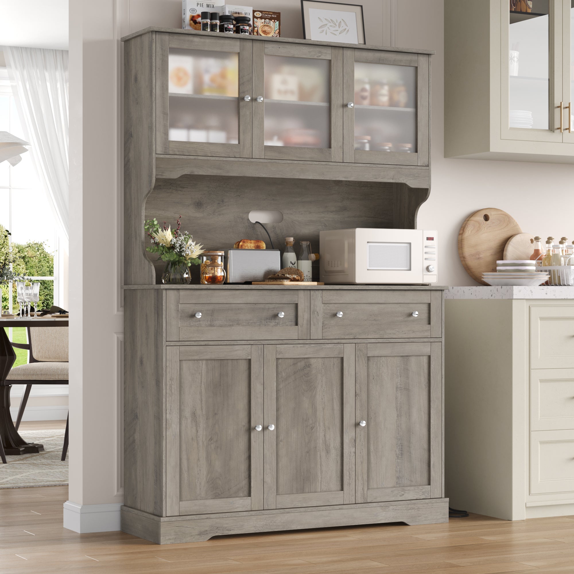 Hiphuta 72” Tall Kitchen Pantry Storage Cabinet with Power Outlet, Freestanding Cupboard Storage Buffet Hutch with Microwave Stand, Storage Pantry with Drawers & Glass Doors, Ash Gray