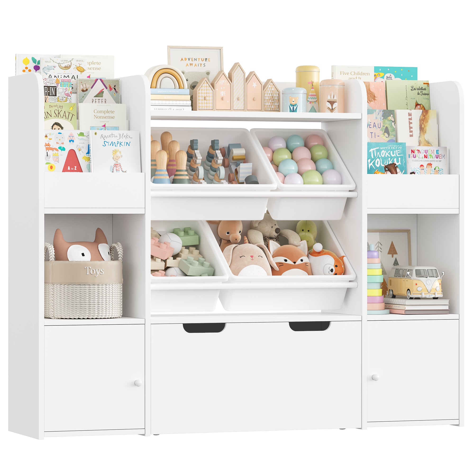 Hiphuta Kid Storage Toy Organizer, Wood Toy Storage Organizer with 4 Toy Boxes, Kids Bookcase with Book Rack, White