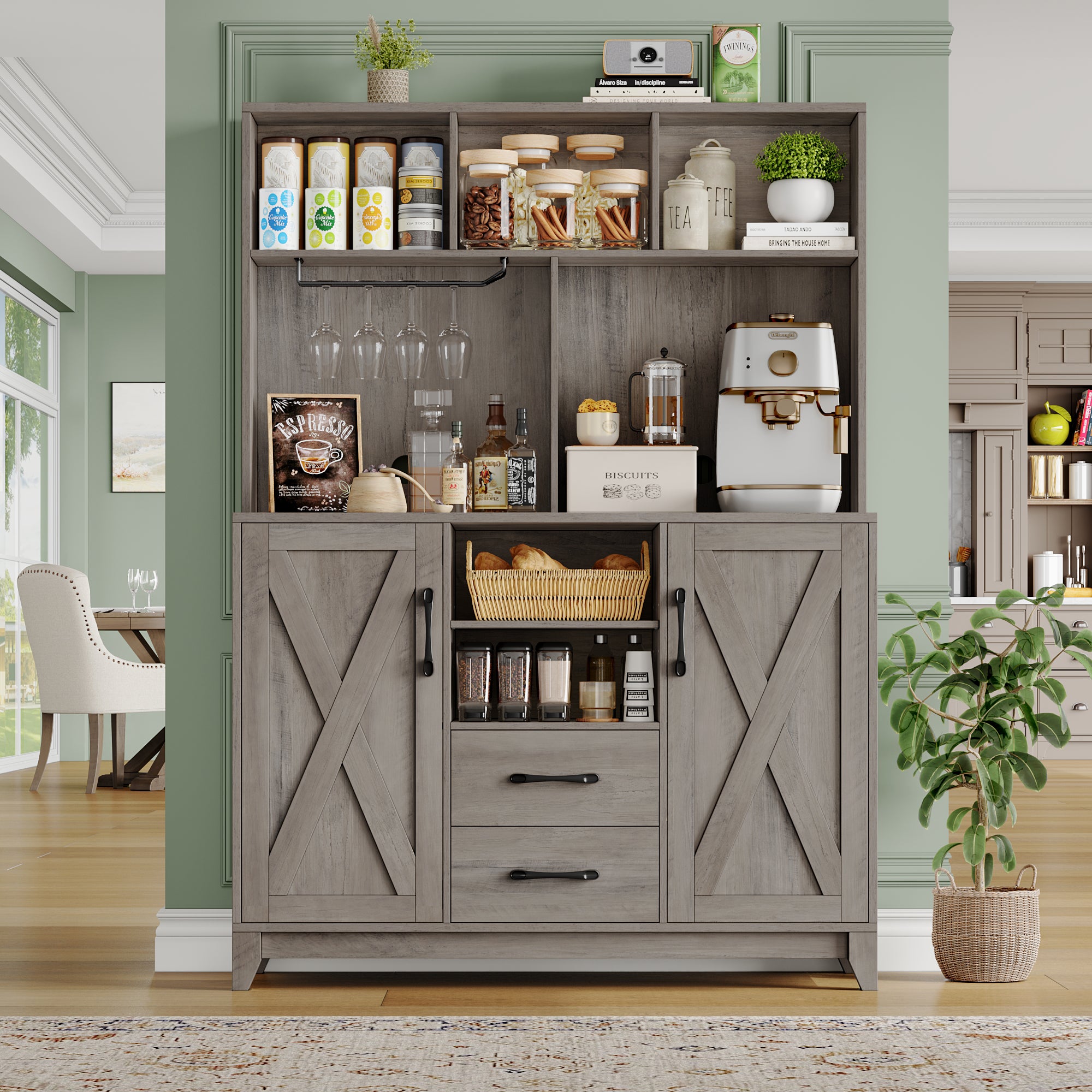 Hiphuta Kitchen Pantry Storage Cabinet, Food Pantry Cabinet with Microwave Stand, Farmhouse Wine Bar Cabinet, Coffee Bar Hutch with Wine Rack for Dining Room, Living Room, Ash Gray