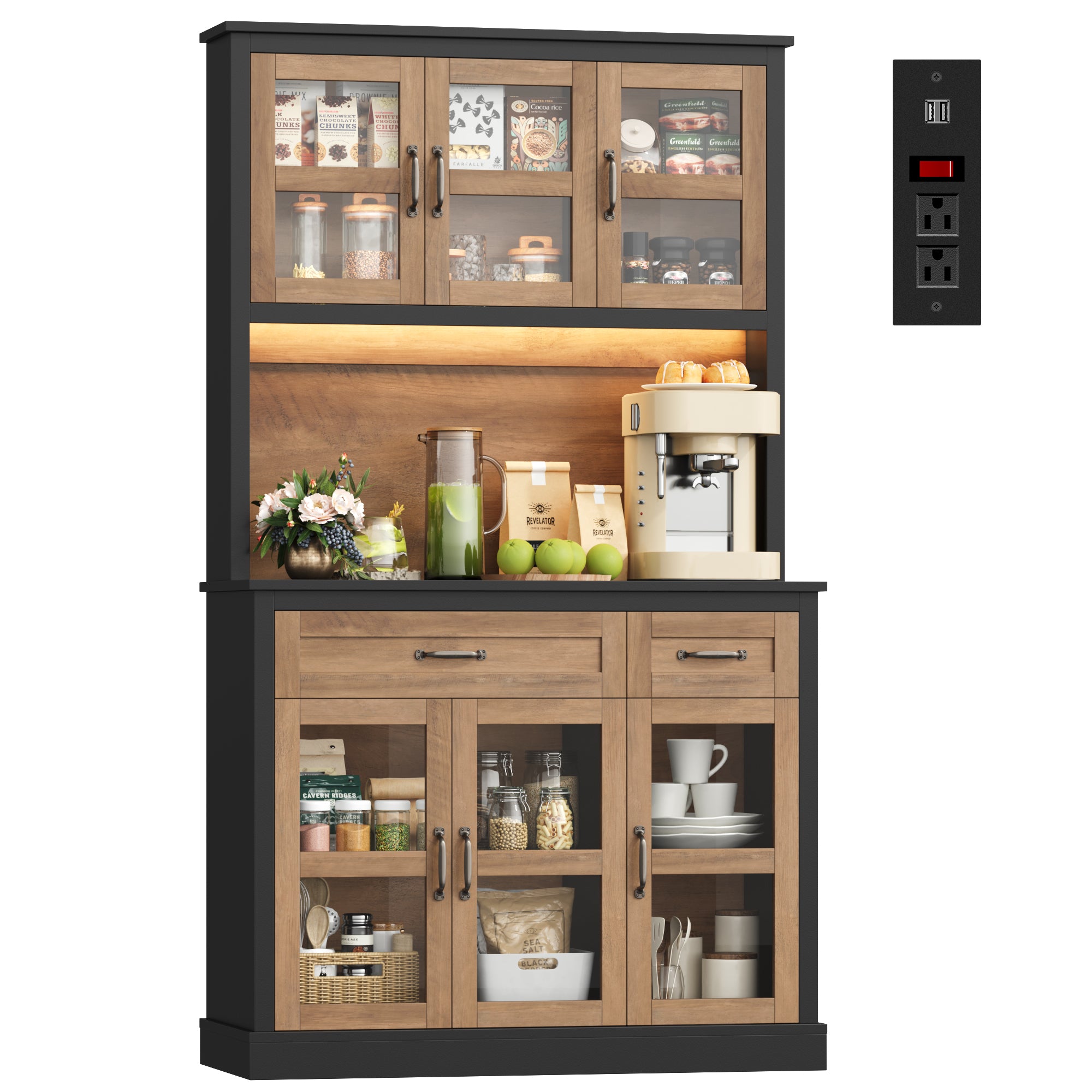 Hiphuta 71" Pantry Cabinet with Charging Station, Kitchen Pantry Storage Cabinet with Microwave Stand & Wine Rack, Food Wooden Pantry Cabinet with Countertop for Dining Room, Black & Oak