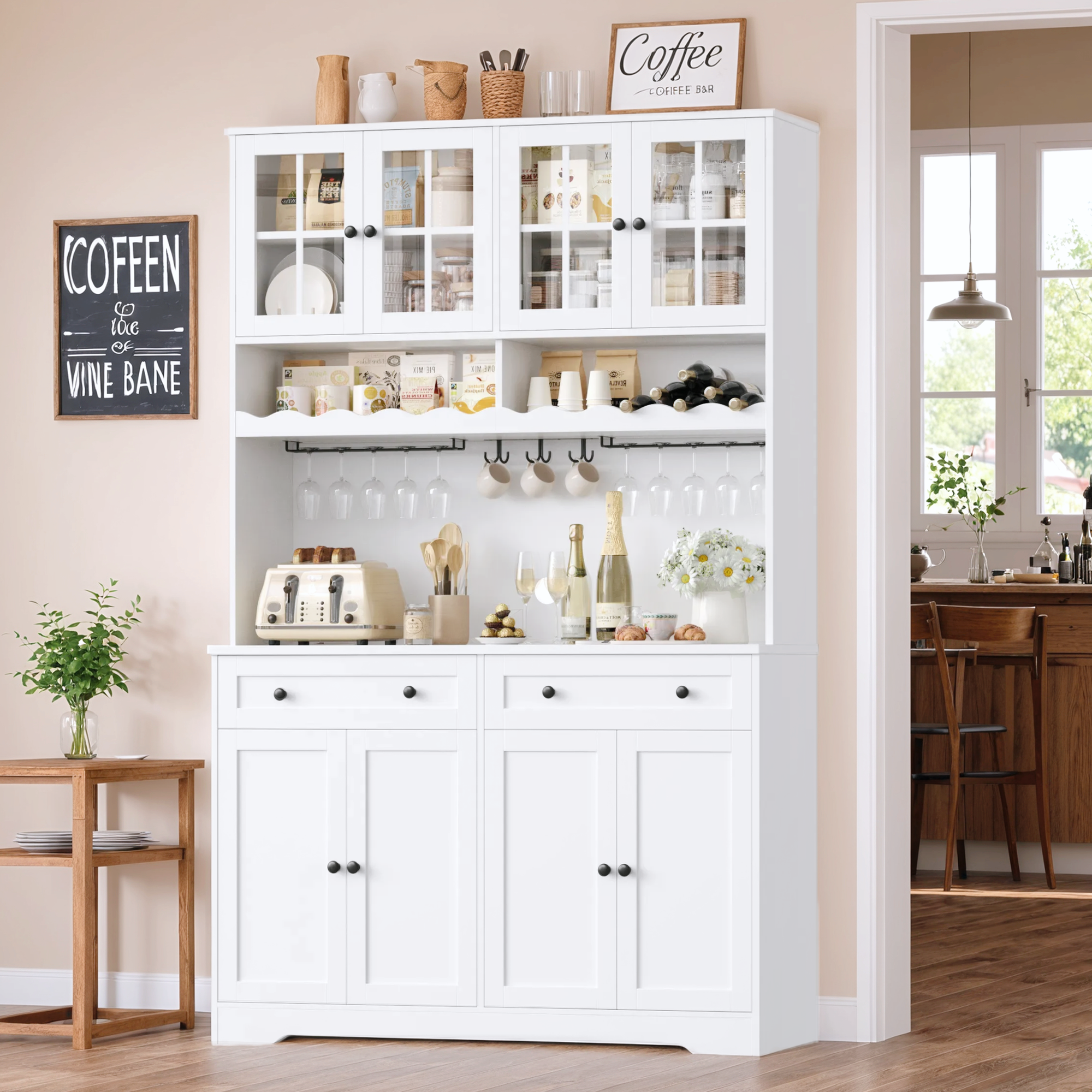 Hiphuta 75"Tall Kitchen Pantry Storage Cabinet with Power Outlet, Storage Pantry with Drawers & Glass Doors, Freestanding Cupboard Storage Hutch with Microwave Stand, White