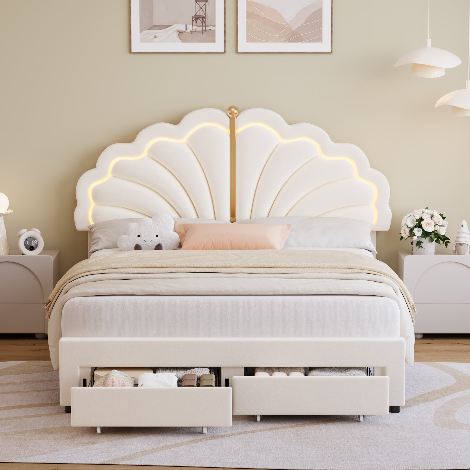 Hiphuta Kids LED Full Bed with 2 Drawers, LED Lights Platform Bed Frame with Upholstered Tufted Headboard, No Box Spring Needed, Velvet White