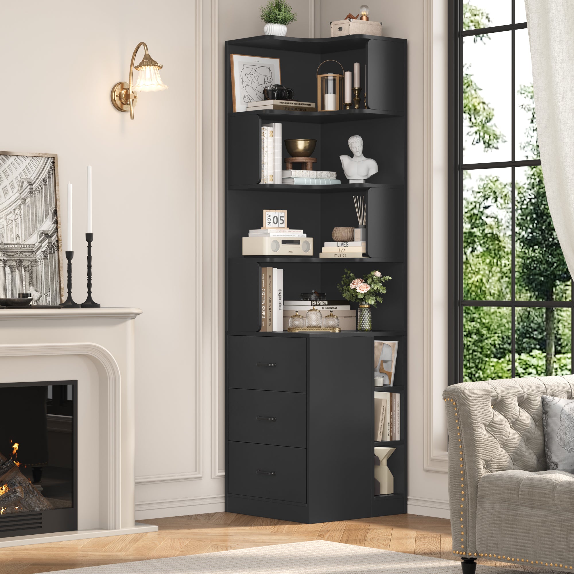 Hiphuta 77"Tall L-Shaped Corner Bookshelf with Drawers and Side Storage, Modern Wood Bookcase with 4-Tier Display Shelves Storage Cabinet for Living Room Home Office , Black