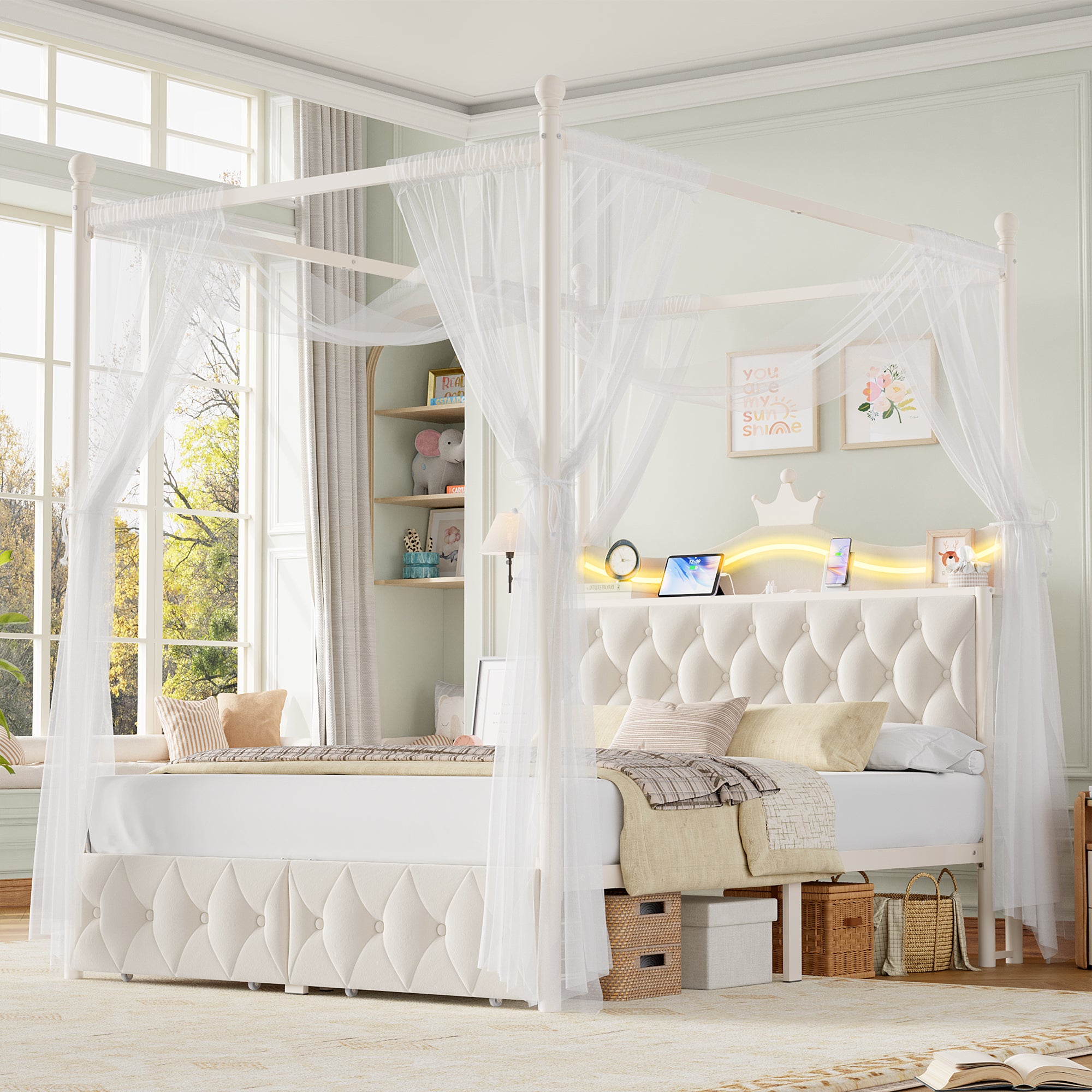 Hiphuta Full Size Crown Canopy Bed with Power Outlet & LED, Upholstered Princess Beds with 4 Removable Posts, Full Bed Frames, White