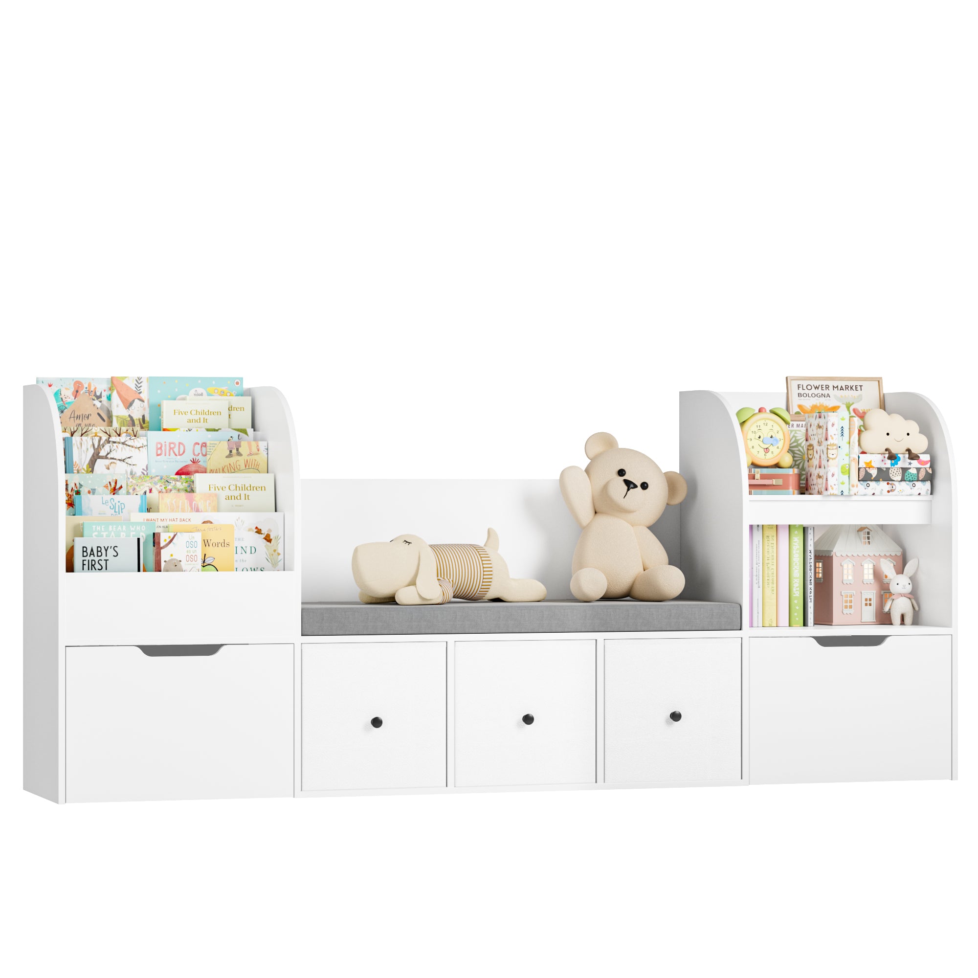 Hiphuta 71" Wide Kids Bookcase with Reading Nook, Large Toy Storage Organizer with 5 Drawers and Seat Cushion, White