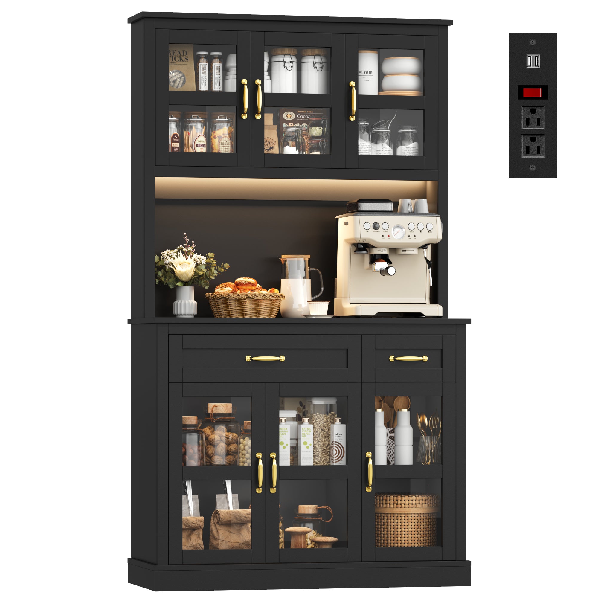 Hiphuta 71" Pantry Cabinet with Charging Station, Kitchen Pantry Storage Cabinet with Microwave Stand & Wine Rack, Food Pantry Cabinet with Countertop for Dining Room, Black