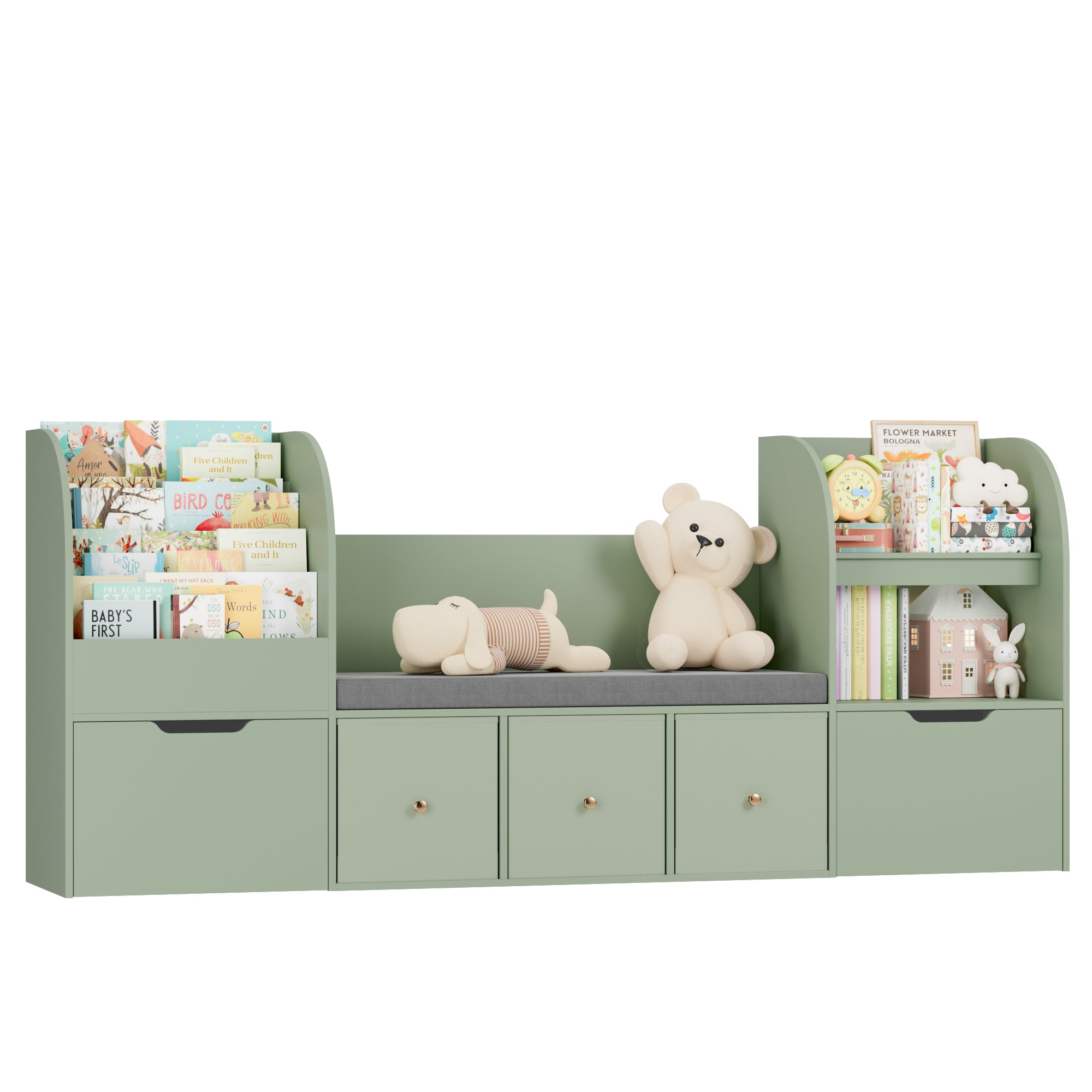 Hiphuta 71" Wide Kids Bookcase with Reading Nook, Large Toy Storage Organizer with 5 Drawers and Seat Cushion, Green