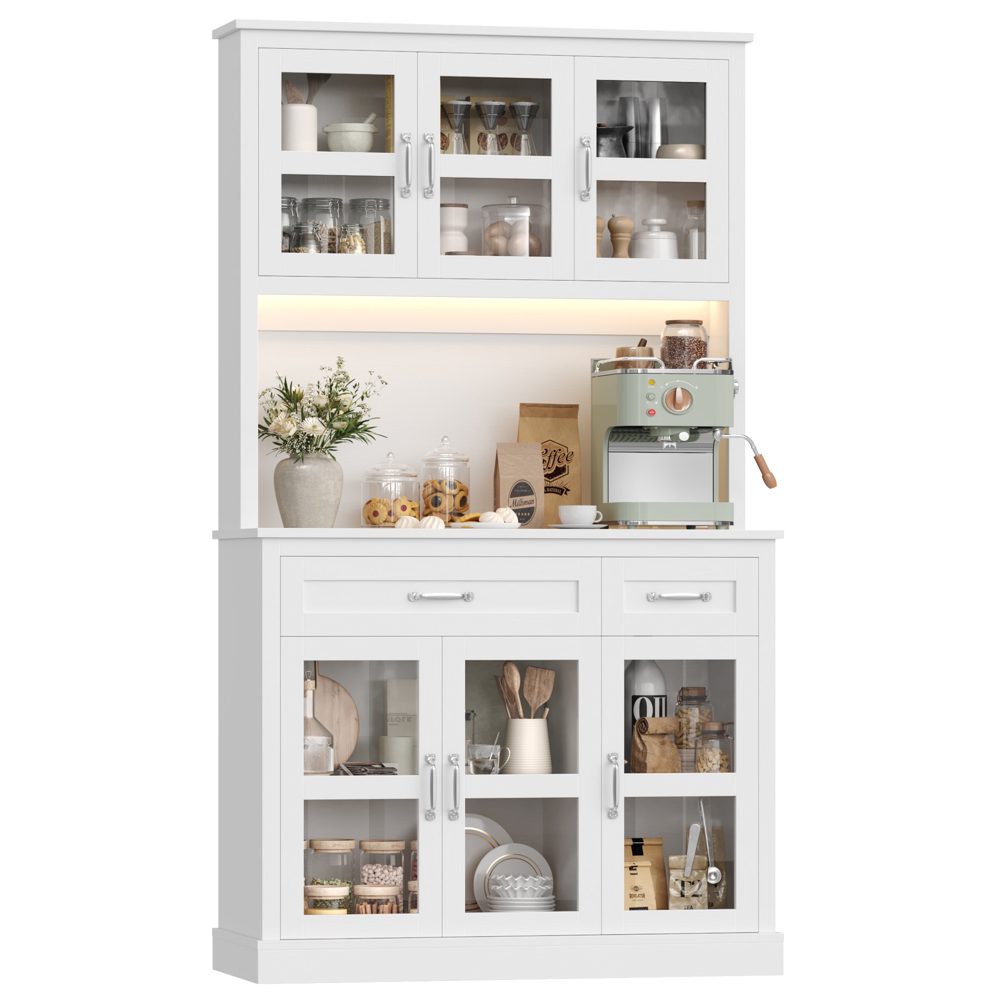 Hiphuta 71" Pantry Cabinet with Charging Station, Kitchen Pantry Storage Cabinet with Microwave Stand & Wine Rack, Kitchen Hutch Cabinet with Storage Drawers, Food Pantry Cabinet with Countertop for Dining Room, White
