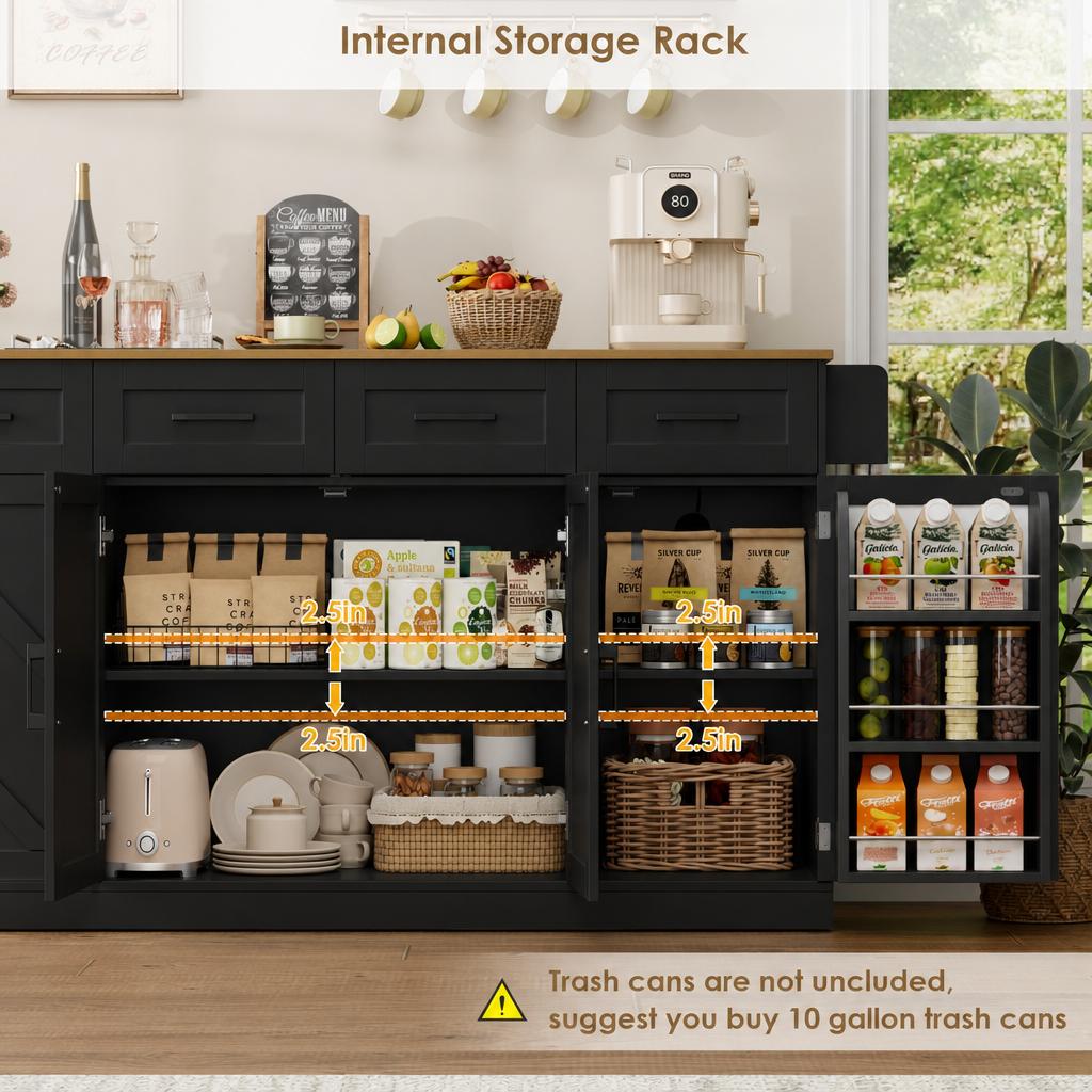 Hiphuta 55"W Kitchen Island Cart with Storage, Rolling Island Table with Trash Can, Adjustable Shelves and 4 Drawers, Movable Buffet Cabinet for Dining room, Black