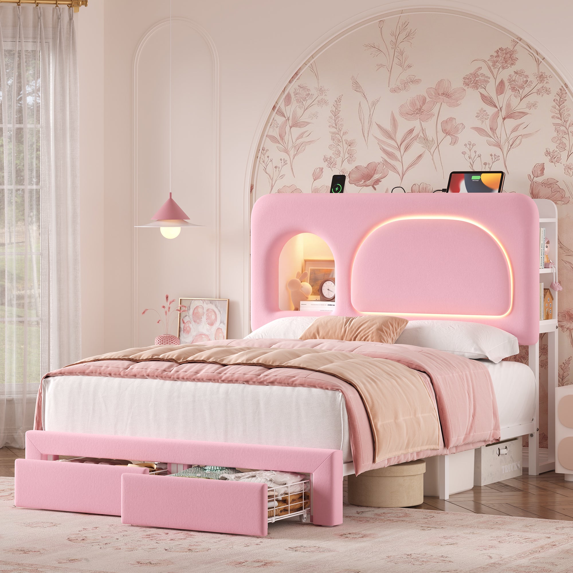 Hiphuta Queen Size Bed Frame with RGB LED and Power Outlets, Velvet Upholstered Platform Bed with Drawers and Side Storage, Pink